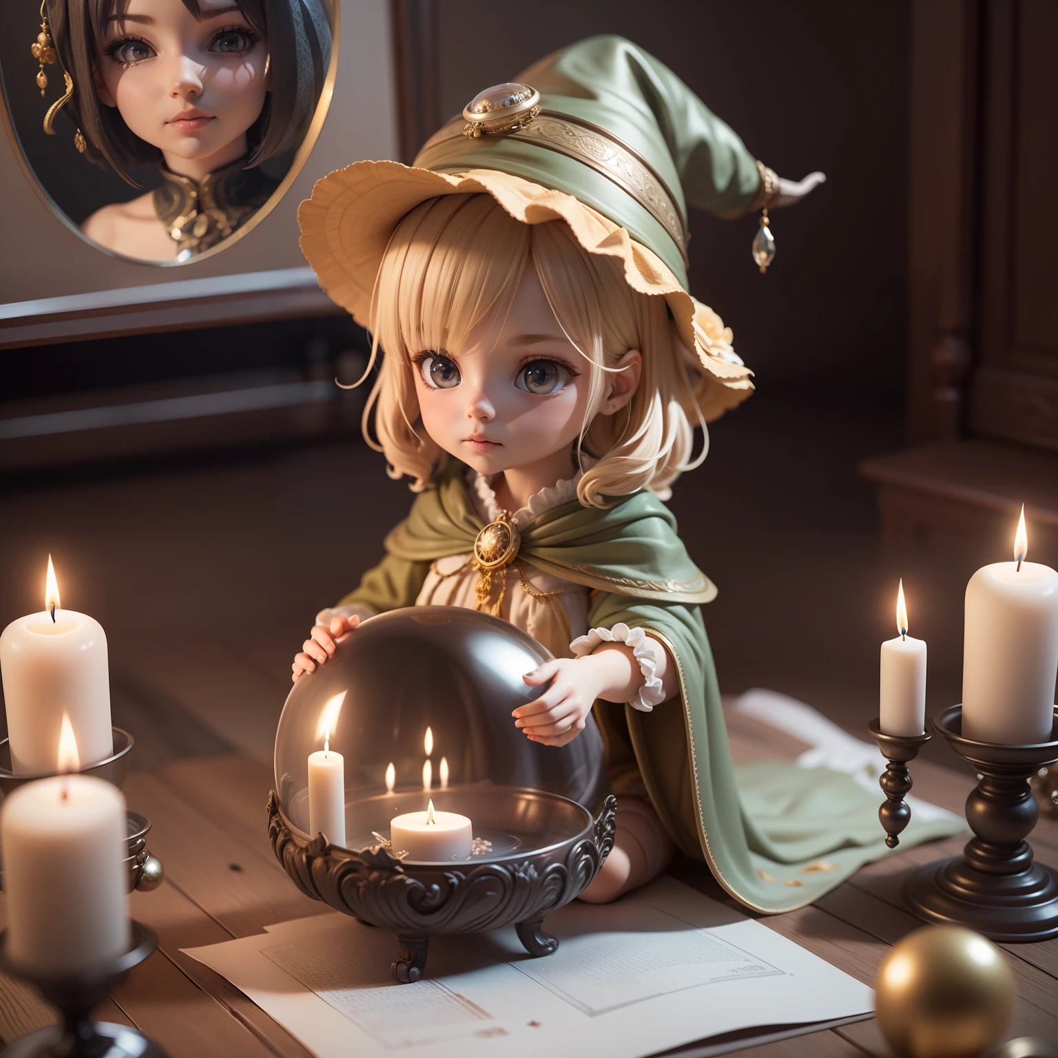 Cute Baby Chibi Anime、(((chibi 3d))) (Best Quality), (masutepiece)、Old witch sitting on Kadilau's chair in the background ，She was holding Soniste's crow。 On the table in front of her is、The crystal ball was clear， There is a mysterious fantasy world in the crystal ball，Several candles were lit next to it ，A sideways glance at the camera，Be thoughtful，Pack in sheets，hermit，Marble statue of，Deep octane rendering,Candlelight lighting、barroco、European，Anatomically correct，super detailed