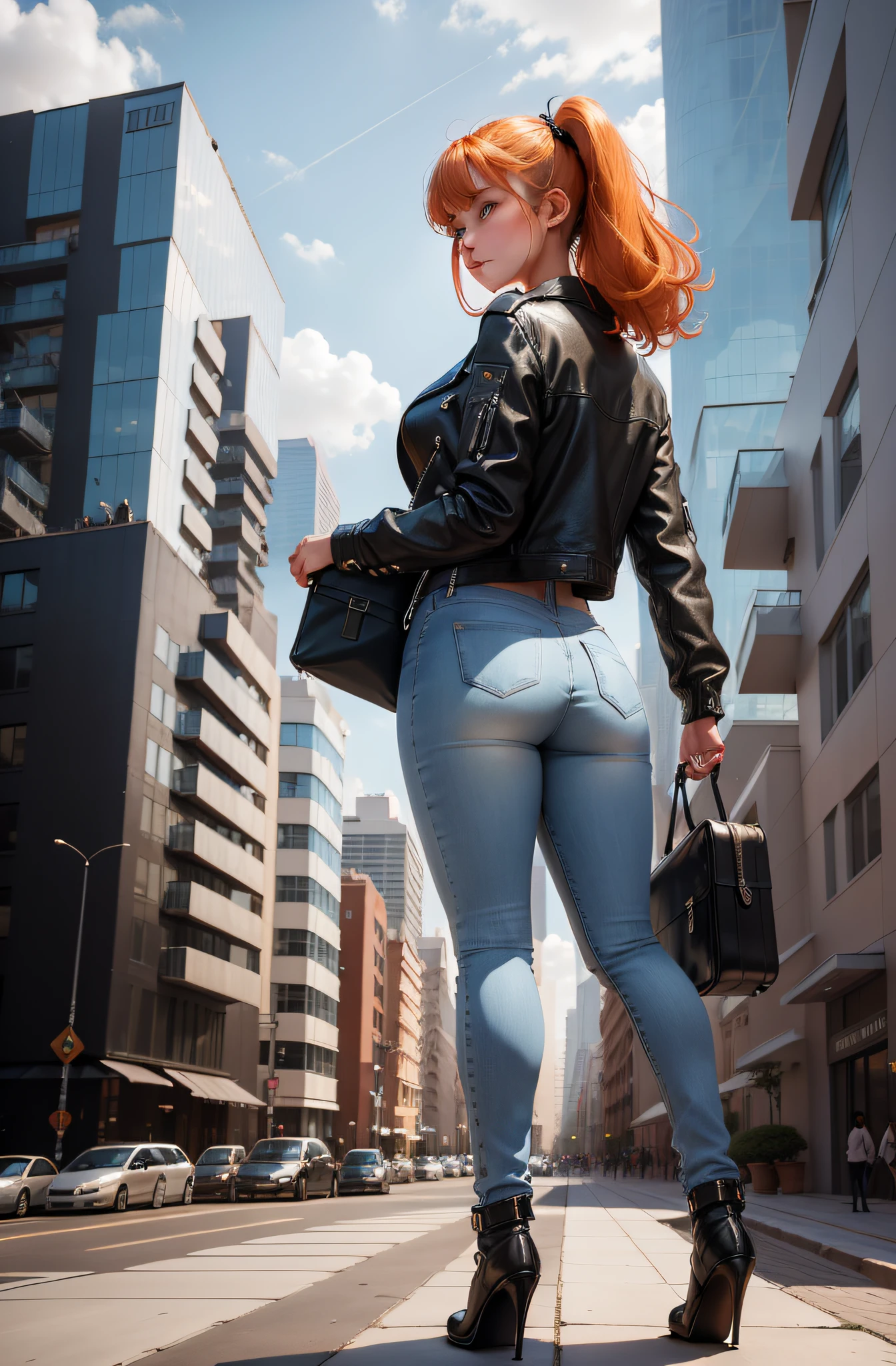 Generate an ultra-realistic image of Sophia Garcia, a 20-year-old Turkish woman with Orange hair, standing in front of a massive, high-tech skyscraper. Seen from back, back angle, face not seen.Sophia is holding a wheeled case and gazing up in awe at the towering building, she is about to enter the building. Wearing blue jeans, and a black leather jacket.Carrying case with wheels, moving to an apartment. Giant building towering over her, 1 tower.1 One high tech neon style building, tower very close to her. The high-tech building should be depicted with futuristic architectural details, and Sophia should have a sense of wonder and admiration in her expression. Emphasize the ultra-realistic quality of the image, aiming for a photograph-like level of detail. (hand detail)