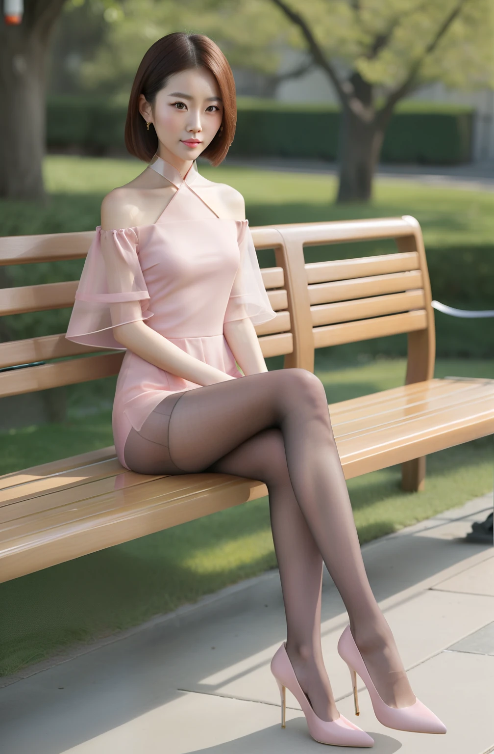 Beautiful Chinese woman sitting on bench,  Dress tightly, Slim and transparent，Off-the-shoulder attire，low chest，Legs straight，very beautiful long slim legs, short detailed hair，Pink high heels，legs visible，grey pantyhose