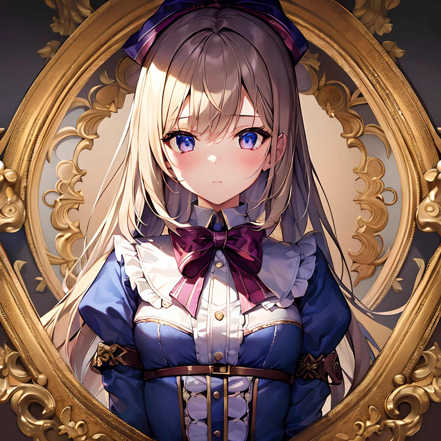 1girl, masterpiece, best quality, 8k, detailed skin texture, detailed cloth texture, beautiful detailed face, intricate details, ultra detailed, Alice in Wonderland, (a bow on her head:1.1), upper body