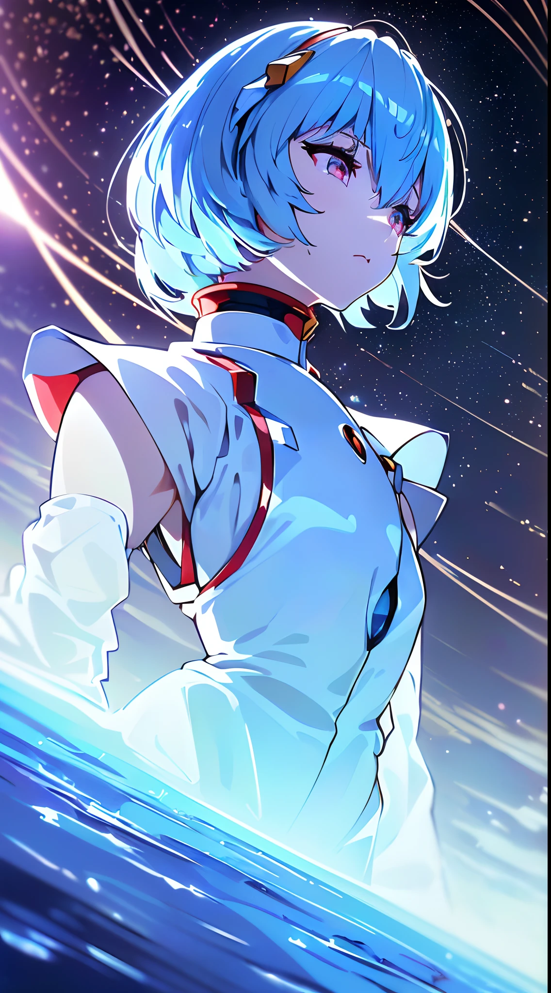(((ayanami rei:))),headgear,1girl,solo,(masterpiece,best quality, official art,aim to viewers, beautiful and aesthetic:1.2),(ultra high res,spiral, golden ratio, (4k), see from above,((above the earth)),floating,dynamic lighting, natural lighting,(photon mapping, radiosity, physically-based rendering,automatic white balance), technological sense,Amazing,sharp focus,rich background, (((high detailed skin,)))dynamic lighting,intricate detailed outfit,glowing eyes,watery eyes,((short hair,))deadpan, skiny,  turtle neck, short skirt,button shirt,(masterpiece sidelighting),(bishoujo,lustrous),(sky blue hair,pink eyes,）[[delicate fingers and hands:0.55]::0.85],(detail fingers),(((Ultra Photographic Quality,ultra wide angles)))),((incredibly absurdres)),bust shot,((extremely_detailed_eyes_and_face)),(disheveled hair),FilmGirl,(dynamic configuration: 1.4),dreamy, magical,Looking out from the space station, the landscape would be breathtaking,with a distant planet visible on the horizon, covered in swirling clouds