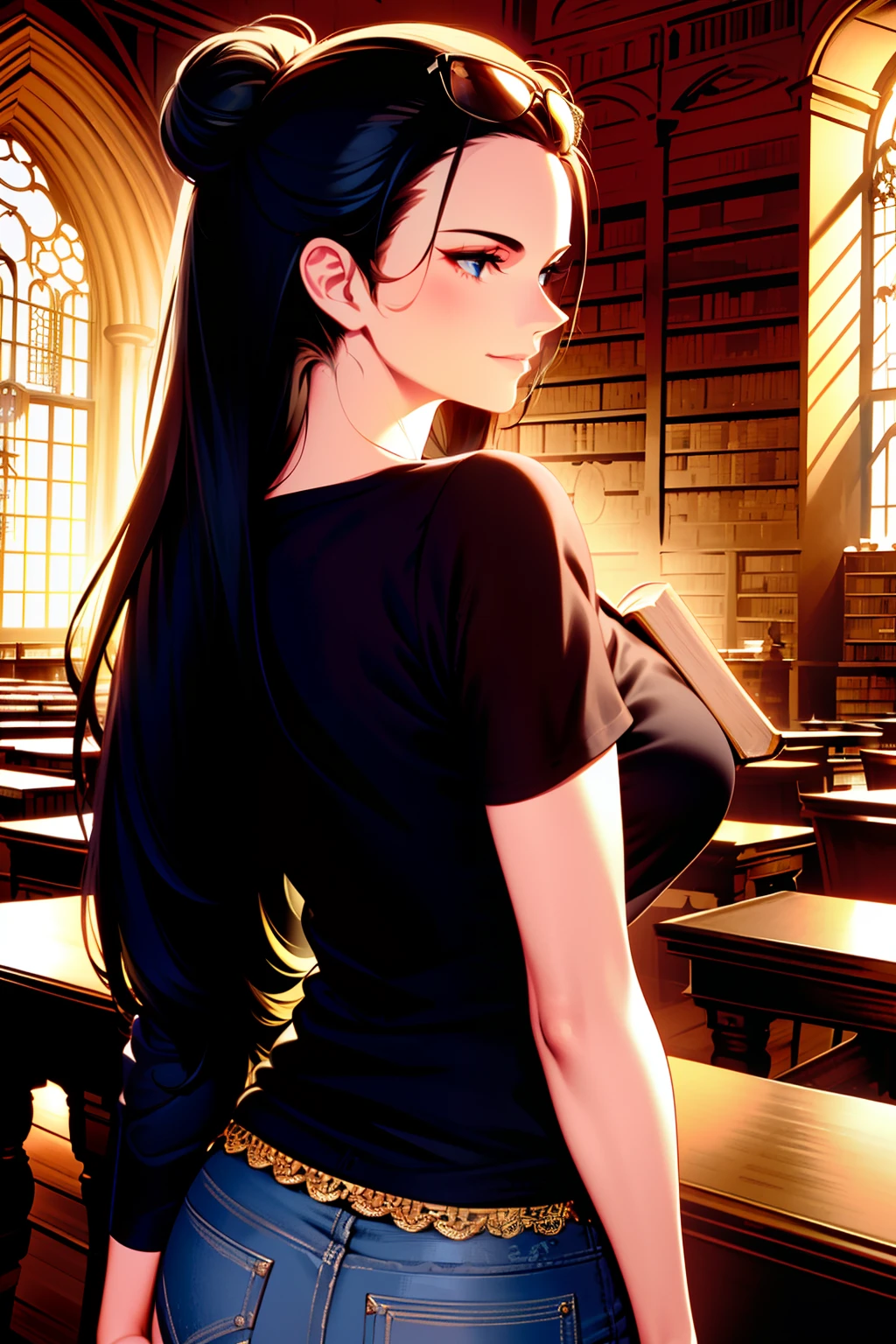 masterpiece, ((ultra detailed background, delicate, intricate detail)), (highly detailed, fine details), best quality, beautiful lighting,((medium breasts, slim girl)), black T-shirt, jeans, hair in a bun, (black T-shirt), NicoRobinV2, 1girl, black hair, long hair, solo, medium breasts, smile, sunglasses, blue eyes, eyewear on head, closed mouth, hair slicked back, (complex detailed background, inside, castle room environment, medieval castle library, library, gray walls, window, bookshelf), ((portrait, holding closed book)) (showing her back, from behind),
