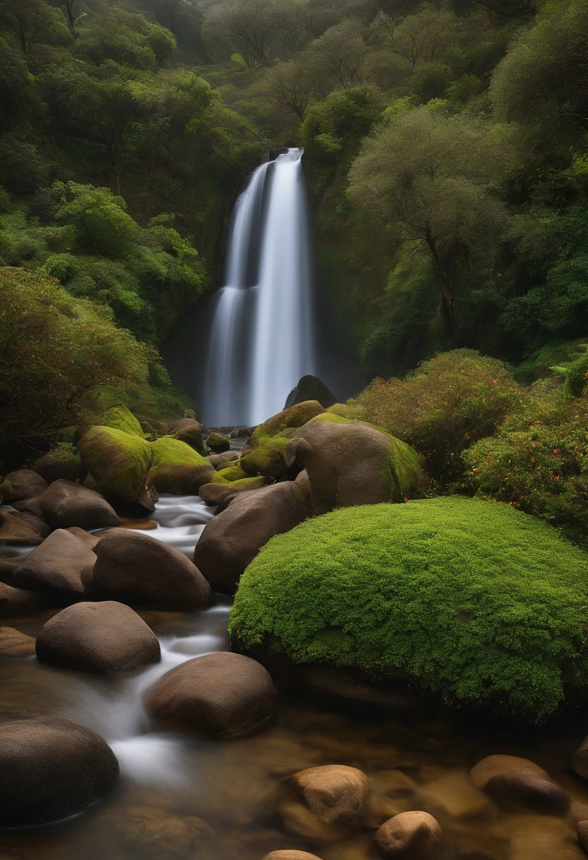 Uma casa estilo japosa em madeira no alto de uma montanha, with a plain behind and next to a tranquil river with stones.