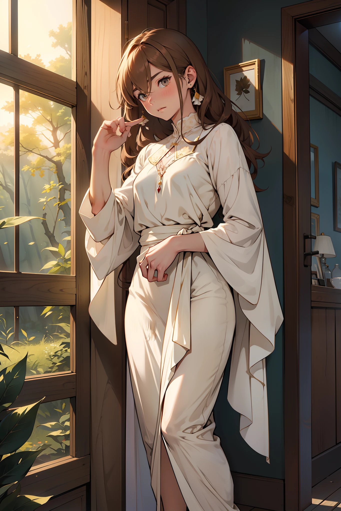 Kai blushes, casting his gaze downward, fidgeting with the hem of his delicate blouse* "Um, well, I-I have long, silky chestnut hair that cascades down to my waist, framing my face...like a curtain of warmth. M-my eyes, they're a soft shade of hazel, like a gentle forest in the morning light. I-I have delicate features, a slender frame...I-I've been told I look feminine, but it's just the way I am...I-It's not something I can change." He tucks a strand of hair behind his ear, his cheeks still flushed. Full body