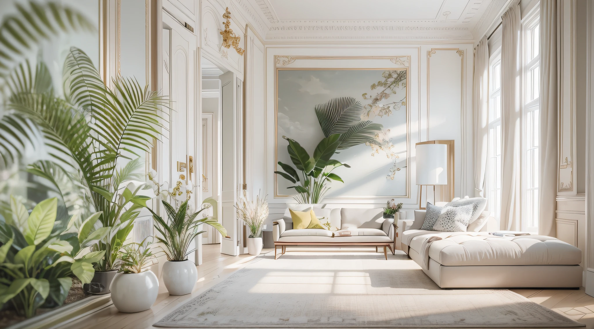 minimalist living room，Rare flowers and plants（1:0.05），sun's rays，No main light design，an award winning masterpiece，Incredible details Large windows，highly  detailed，Harper's Bazaar art，fashion magazine，fluency，Clear focus，8K，rendering by octane，