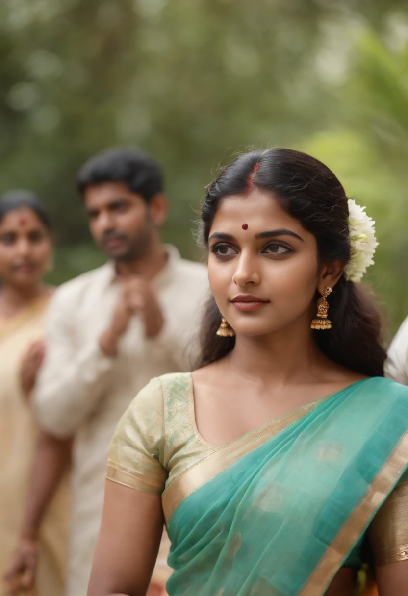bug boobs, kerala girl, transparent onam saree, standing on your feet