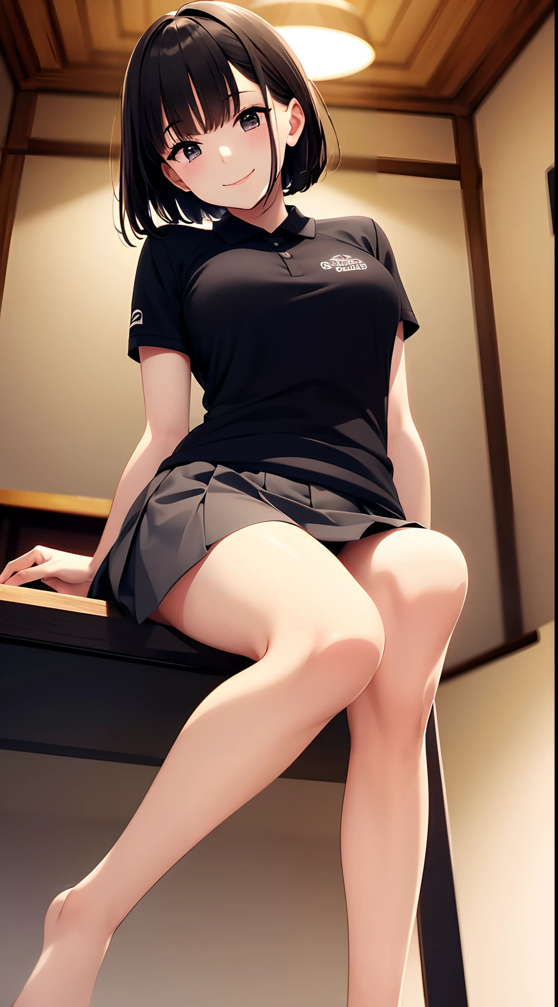 best quality, detailed face, 1girl, middle breast, smile, black polo shirt, gray miniskirt, good anatomy, looking at viewer, soft focus, cinematic lighting, depth of field, happy expression, middle hair,  bare legs,