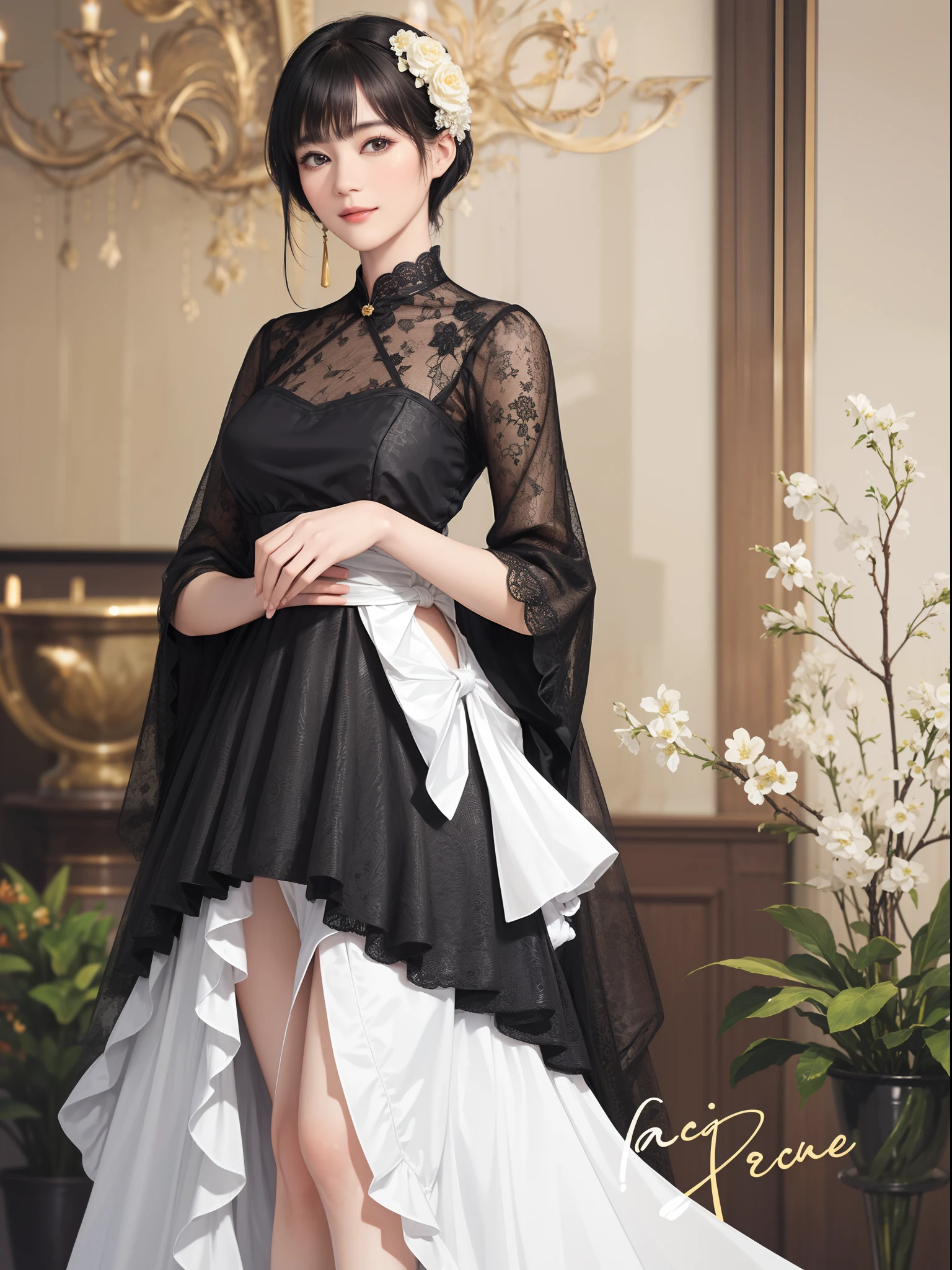 ((Best Quality))), (8K picture quality), ((masutepiece)), (Very sophisticated、Beautiful fece), (wearing dresses) , (1womanl), (Black Shorthair), Dress up, with floral pattern, Soft silk fabric, 电影灯光, Gentle expression, A slight smil, full length, Luxurious interior