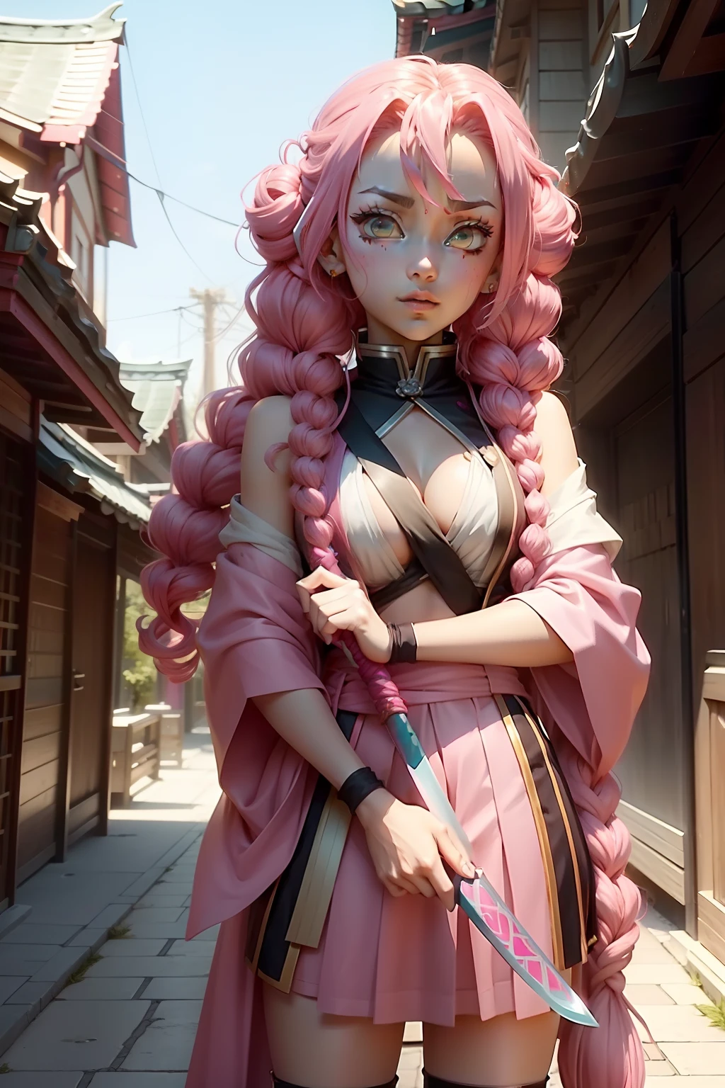 Mitsuri Kanroji from demon slayer anime with pink hair standing idle and holding a sword in hand