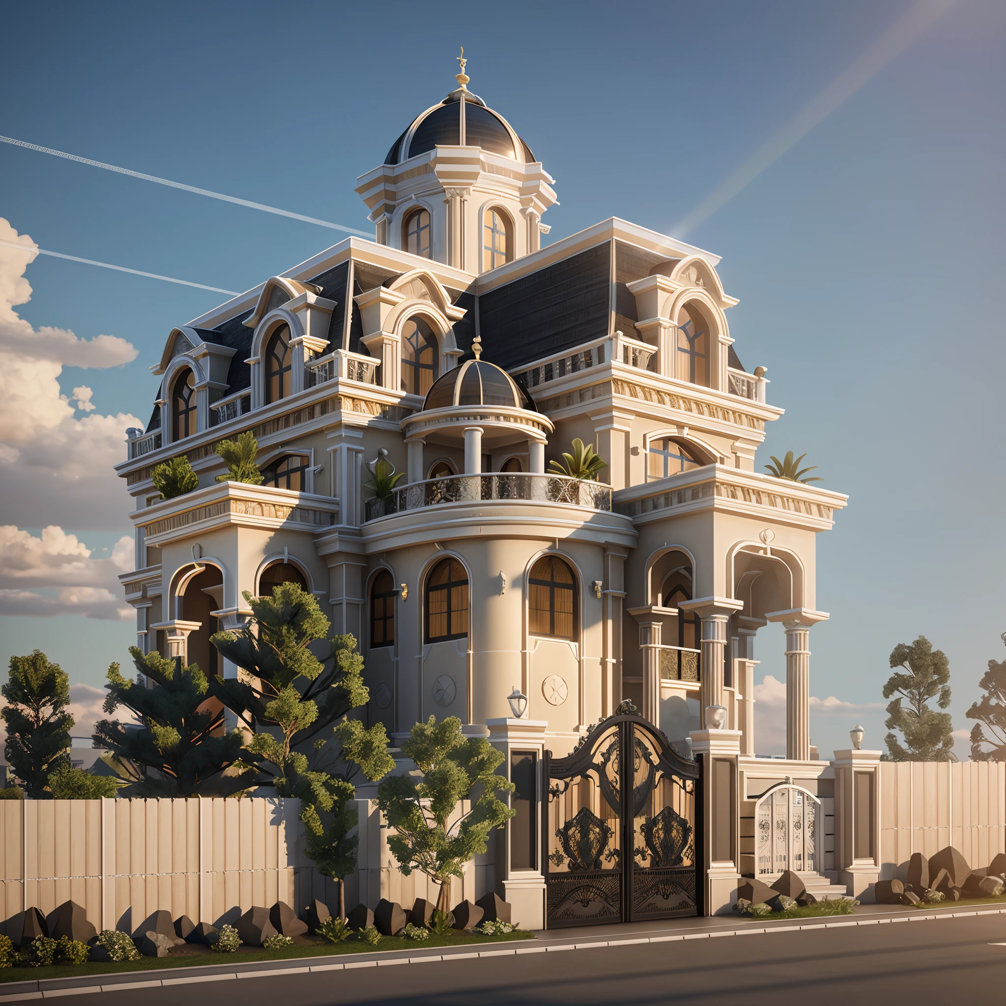 RAW photo, masterpiece, arafed house with a car parked in front of it, neo - classical style, rendered in lumion pro, classicism style, classicism artstyle, lumion render, rendered in lumion, architectural visualization, neoclassical style, in style of classicism, white light sun, rendered in vray, rendered in v-ray, rendered in unreal engine 3d, (photorealistic:1.2), best quality, ultra high res, exterior, architechture,modern house,(white wall:1.5), (detail gate black:1.4), (photorealistic:1.5), best quality, ultra high res, exterior,architechture,neoclassic house,(white wall:1.2), (detailed reliefs:1.2), (The front 1st floor has 4 windows), (the right side 1st floor has 4 windows), (the main side has three-step stairs), (the right side has three-step stairs) ,glass windows,,trees,traffic road, blue sky,in the style of realistic hyper-detailed rendering, luxury neoclassical villa, in the style of neoclassical scene, glass windows, (white navy roof:1.2), best quality, (straight strokedetail:1.1) roof top, (Intricate lines:1.5), ((Photorealism:1.5)),(((hyper detail:1.5))), archdaily, award winning design, (dynamic light:1.3), (night light:1.2), (perfect light:1.3), (shimering light :1.4),  refection glass windows, (curved line architecture arch:1.2), trees, beautiful sky, photorealistic, FKAA, TXAA, RTX, SSAO, Post Processing, Post-Production, CGI, VFX, SFX, Full color,((Unreal Engine 5)), Canon EOS R5 Camera + Lens RF 45MP full-frame CMOS sensor, HDR, Realistic,8k,((Unreal Engine 5)), Cinematic intricate detail, extreme detail, science, hyper-detail, FKAA, super detail, super realistic, crazy detail, intricate detail, nice color grading, reflected light on glass, eye-catching wall lights, unreal engine 5, octane render, cinematic, trending on artstation, High-fidelity, Viwvid, Crisp, Sharp, Bright, Stunning, ((Lifelike)), Natural, ((Eye-catching)), Illuminating, Flawless, High-quality,Sharp edge rendering, medium soft lighting, photographic render, detailed archviz