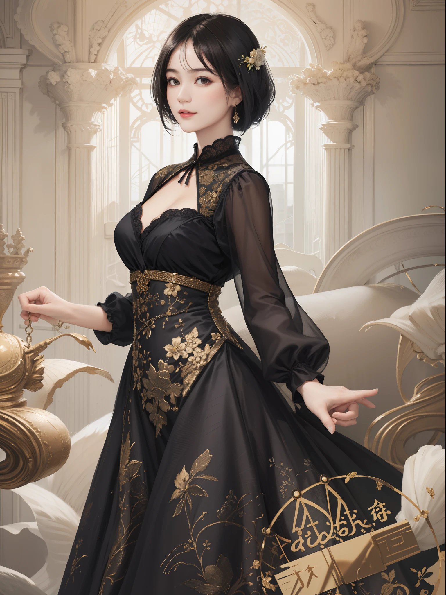 ((Best Quality))), (8K picture quality), ((masutepiece)), (Very sophisticated、Beautiful fece), (wearing dresses) , (1womanl), (Black Shorthair), Dress up, with floral pattern, Soft silk fabric, 电影灯光, Gentle expression, A slight smil, full length, Luxurious interior