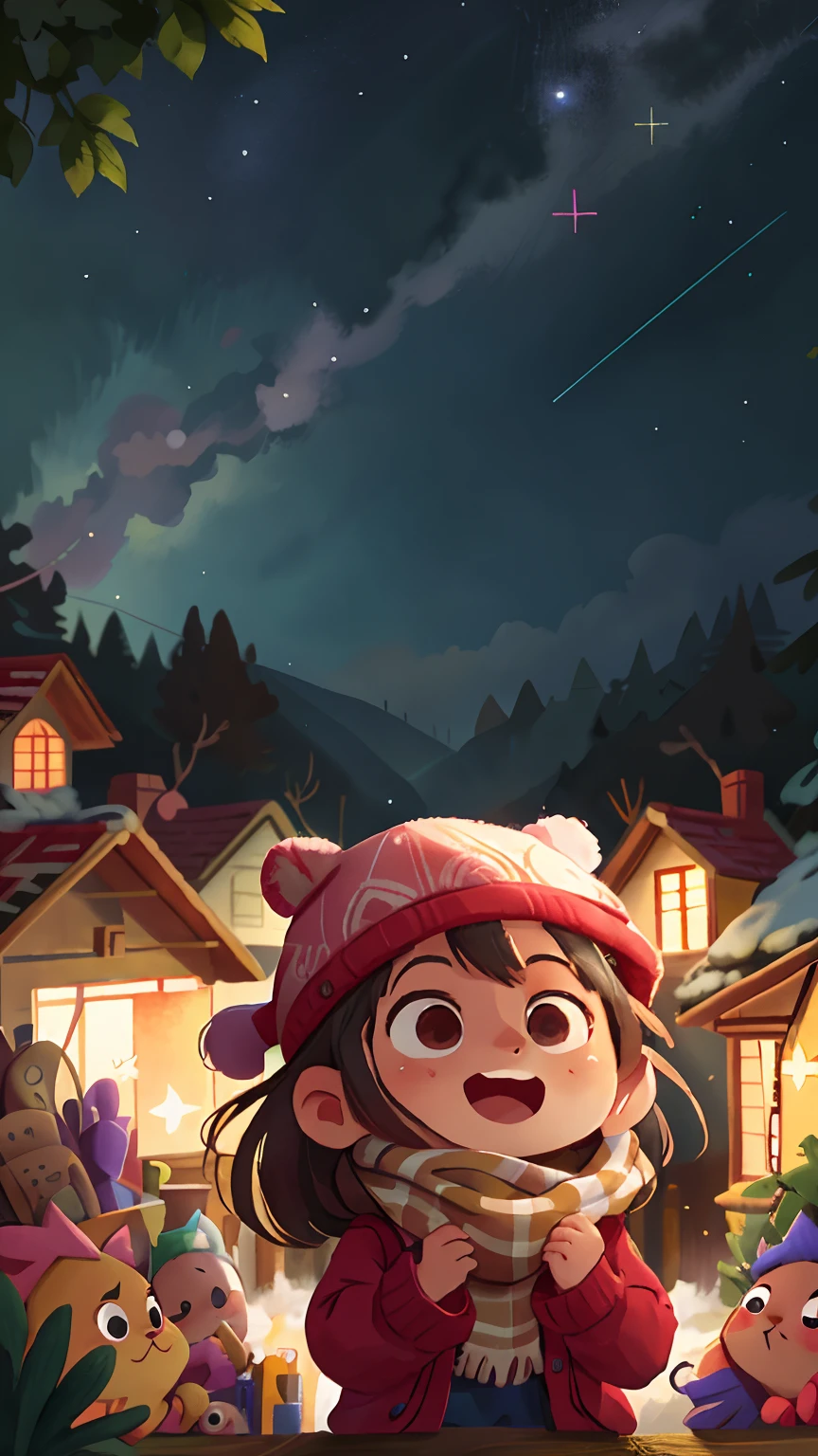 Multiple people，ami, girl with, personification,cheerfulness，Rejoice, knit hat, night sky full of stars, View from below, Perfect quality，Clear focus（clutter - home：0.8）， （tmasterpiece：1.2） （realisticlying：1.2） （Bokeh） （best qualtiy） （detailedskin：1.3） （intricate-detail {Ikko） （8K） （detailedeyes） （muffler）,（having fun）