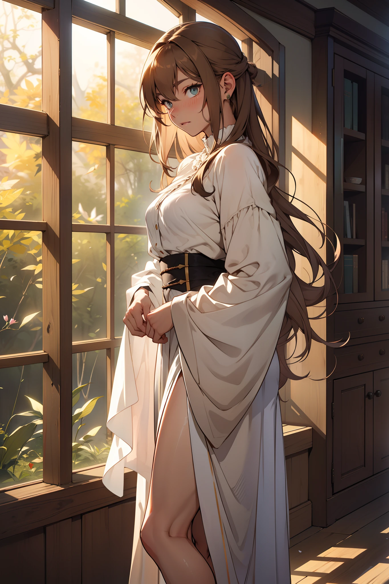 Kai blushes, casting his gaze downward, fidgeting with the hem of his delicate blouse* "Um, well, I-I have long, silky chestnut hair that cascades down to my waist, framing my face...like a curtain of warmth. M-my eyes, they're a soft shade of hazel, like a gentle forest in the morning light. I-I have delicate features, a slender frame...I-I've been told I look feminine, but it's just the way I am...I-It's not something I can change." He tucks a strand of hair behind his ear, his cheeks still flushed. Full body