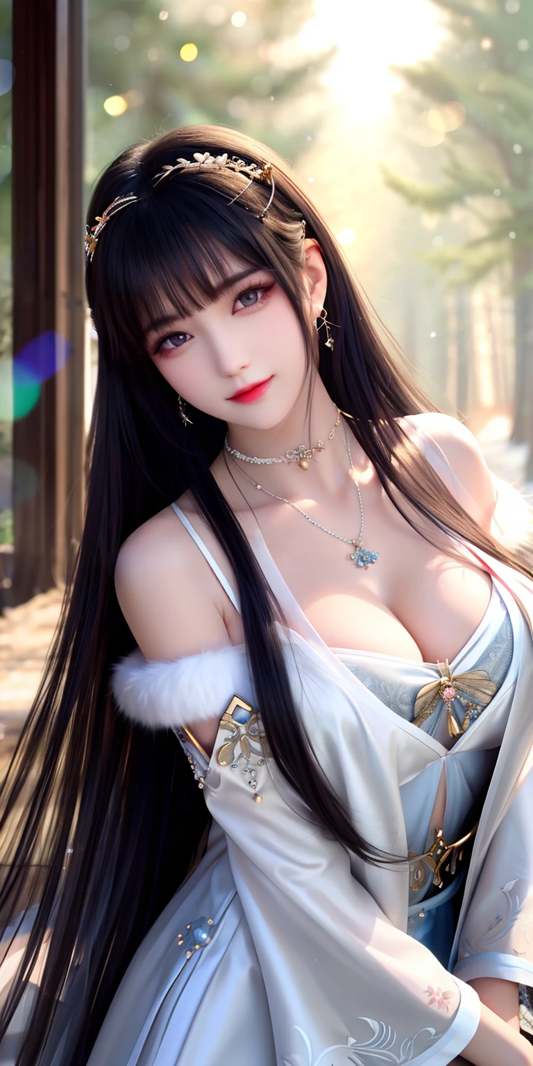 best qualityer,8K, tmasterpiece, A high resolution, 1girll, Clear silk porcelain dress, Fur coat, hair adornments, ssmile, Keep one's mouth shut, cparted lips,Large breasts,Shoulder, shift dresses, hair adornments, choker necklace, jewely, Chinese outfit, long whitr hair, 耳Nipple Ring, Detailed beautiful eyes, detailed eyelashes, beautiful face,after sexing_Body, Tyndall effect,realisticlying, edge lit, twotonelighting,(highdetailskin:1.2), 8K, Ultra HD, digital SLR camera, gentle illumination, high high quality, Volumetriclighting, Frankness, photore, A high resolution, Bokeh, at a forest, Falling snow, Winters, in the afternoon