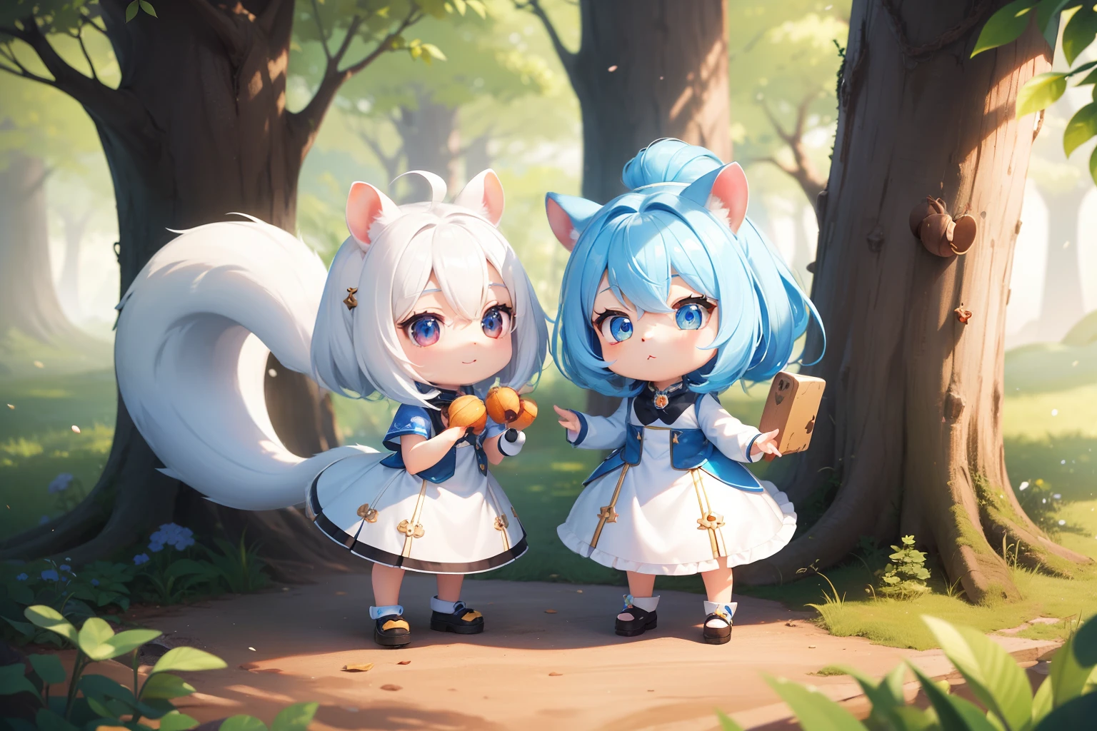 There is a small white squirrel with an acorn in his hand,  Chibichara　A cute girl with blue hair is also with me。It is a cute costume in white and blue。Dark eyes。cute forest creature, Adorable Digital Painting, cute detailed digital art, the squirrel king, Cute digital art, cute cartoon characters, cute character, CuteCreatures, Cutie, official illustrations, Official art, squirrel, maplestory mouse, astri lohne,  cute 3d render