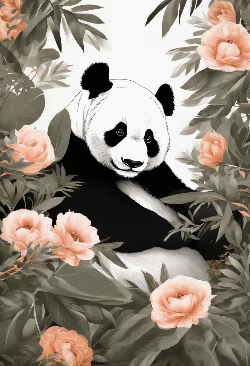 obra prima, panda, fundo do desenho da linha da flor, fundo branco, monocromatic, desenho de linha, ((esquete))