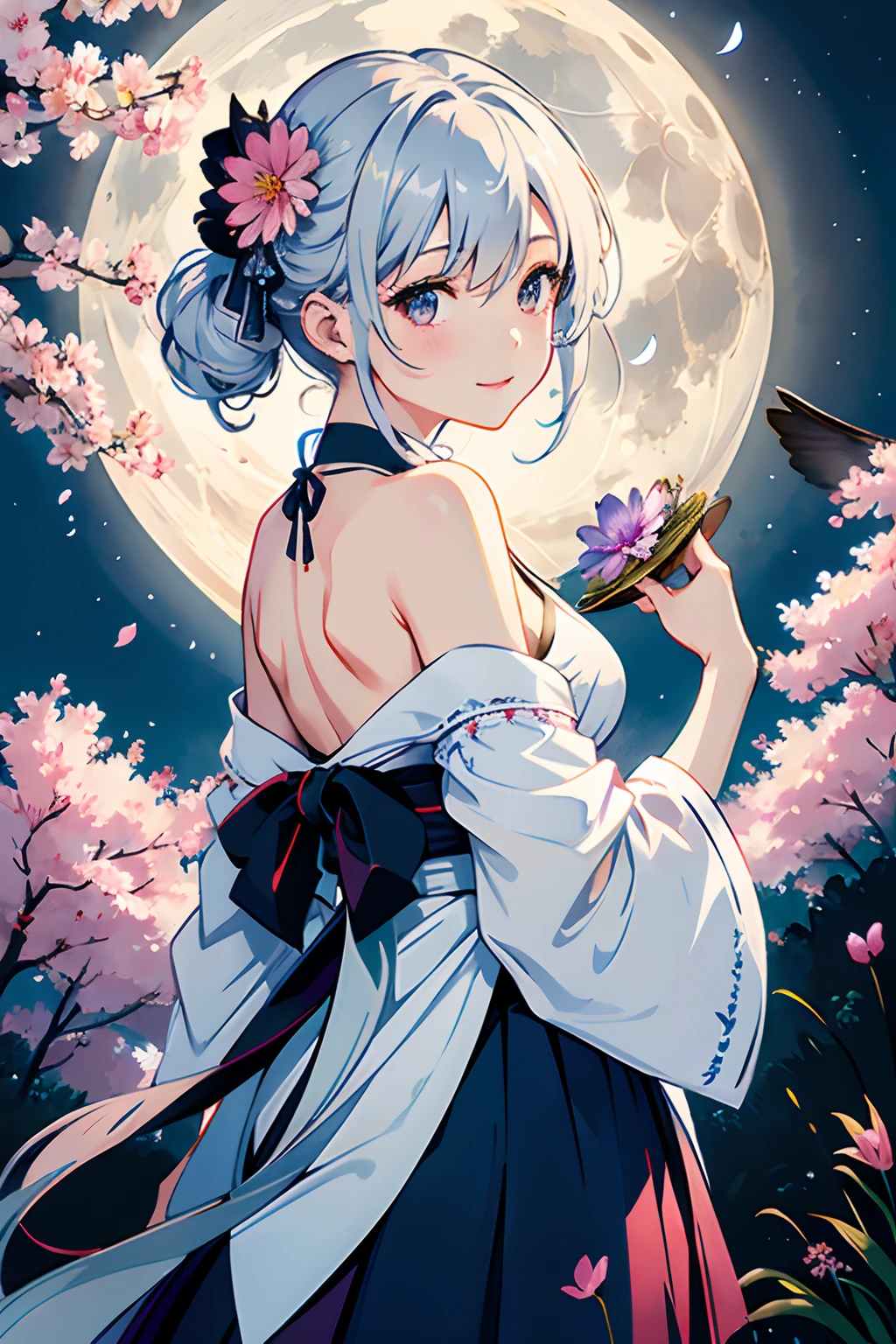 masterpiece、top-quality、1 girl in、Age is 20 years old、(colourfull)、(Fine, beautiful eyes and detailed face)、cinematlic lighting、Beautiful back、Beautiful skins、off shoulders、sexy for、japanese kimono、the Extremely Detailed CG Unity 8K Wallpapers、white hair、独奏、A smile、intricate skirt、((Flying petals)) 、(Flower meadow) Skysky、cloudy ash sky、fumo、、Fanciful、moonlights、a moon、natta、(dark themed:1.3)、optic、Fantasia、
