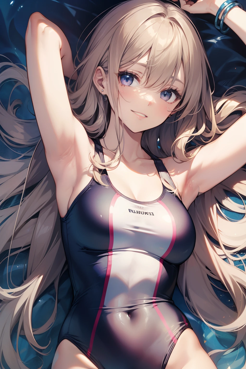 ((Masterpiece)), (Best Quality)), Illustration, 1 girl, Hair color, Bangs, Hairstyle fax, Portrait from the waist up, ((Small)), Tanned girl, Body details, T-shirt, T-back swimsuit, Girl, Dull long blonde hair, Blue eyes, Dull bangs, Lying on back, Hands behind your back, closing mouth, Hopelessness, Portrait of face taken from crotch,zoom to crotch, sweating, breasts pushing up clothes, slapping face on buttocks, plastic bottles, wet mattresses, messy room with clothes, non-shiny swimsuit, separate swimsuit, male hands