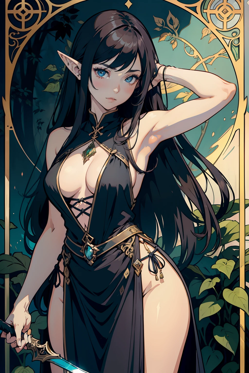 Bewitching Elf Woman、28 year old、blacks、Bare legged、Long hair、bionde、holds a sword、Ivy Frame、Decorative panel、abstract art、By Alphonse Mucha (masterpiece、top-quality、hight resolution: 1.4)、detaileds、intricate-detail、4K picture quality、color splashes、line-drawing、Fibonacci、long skirt