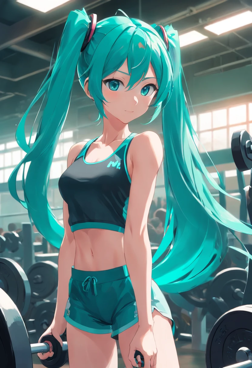 Hatsune miku, ((Top image quality、8K、​masterpiece：1.3))、Realistic high-quality photos、top-quality、girl cute-fine face、22 year old beautiful Japan girl、Photo of slim  model、Beautiful girl 、young japanese girl、Young cute face、The innocent look of the girl next door、lovely delicate face、Beautiful eyes、Tear bag、drooing eyes、young body、cleavage,[[Cameltoe]],Toned and glamorous body,(Tank Tops:1.3),(Hot Pants:1.3),Ponytail,Blue hair,Smirk,(Sweat in the chest),Looking at Viewer,((gym:1.2)),