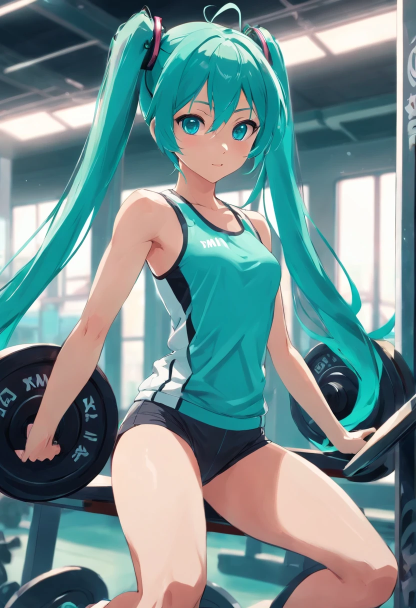 Hatsune Miku, Wearing track suit, Intensive training in the bodybuilding gym, buff, looking a viewer, weights, musculature , workout, Thigh muscles, muscle arm,abs,(muscular female,muscular legs)