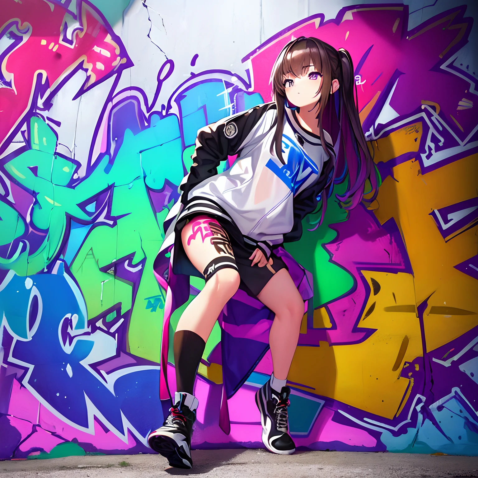 (best quality), masterpiece, extremely detailed CG uniform 8K illustration, high color, extremely high color saturation, all colors deepened, paint, graffiti art, center composition, extremely detailed light and shadow, graffiti wall, wall painted bright, 1 girl graffiti 1 girl looking at the wall, extremely detailed face and eyes, medium length hair, sportswear, colored clouds