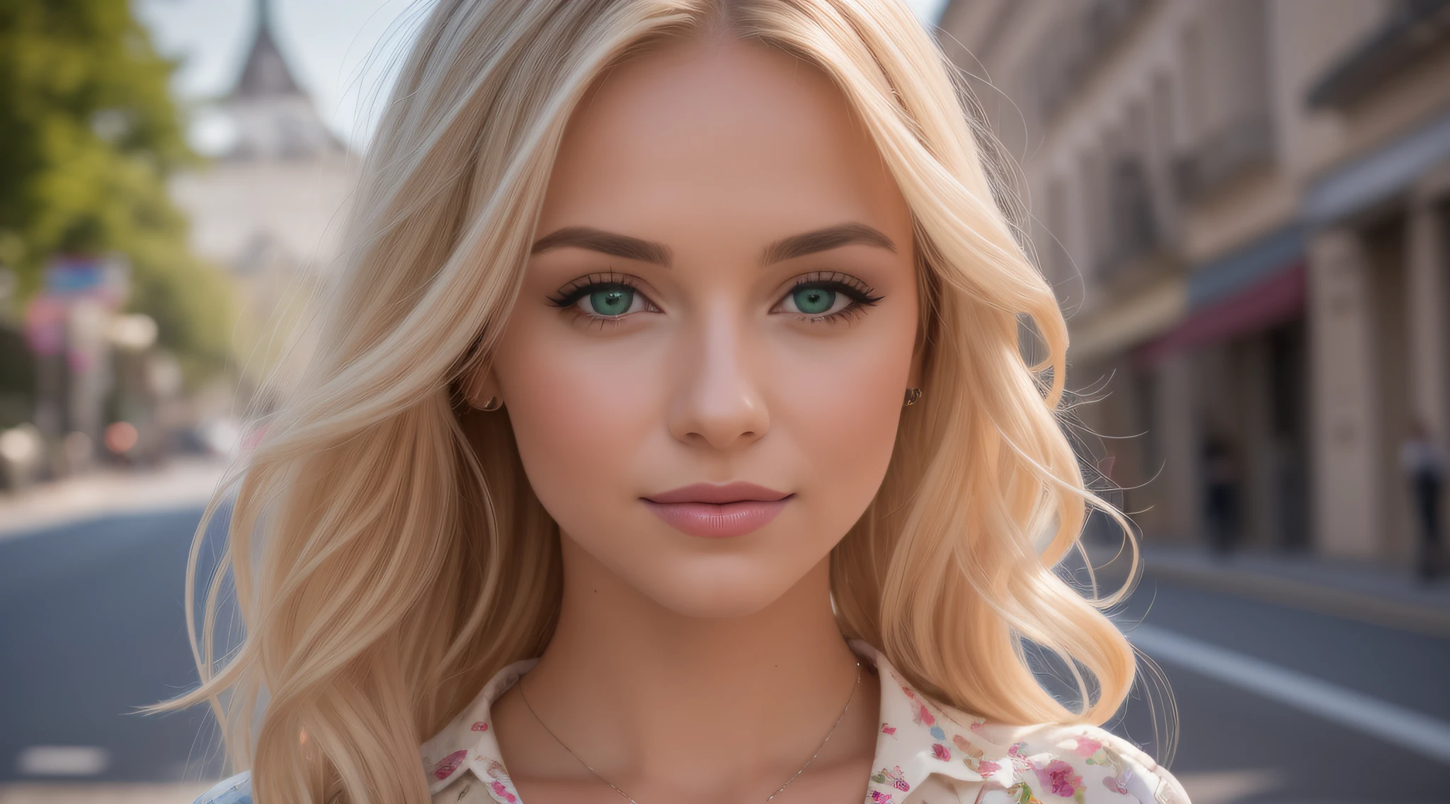 A young and beautiful woman, blondes Haar, that gently falls in waves up to the shoulders, medium height, Size, green eyes, helle Haut, She wears a blouse with cleavage, on a busy road, she is smiling., Im Hintergrund des Bildes sind Menschen zu sehen, The street is flowery, viele Blumen, The sun shines on your back and makes your hair shine, Sein Antlitz ist von Natur aus heiter, Lippen mit hellrosa Lippenstift, 8K-Textur, sehr detailliert, Realist, weiches kinoreifes Licht, HDR, Scharfer Fokus, Meisterwerk, fotorealistisch, award-winning photography, Canon EOS R5, 35 mm.