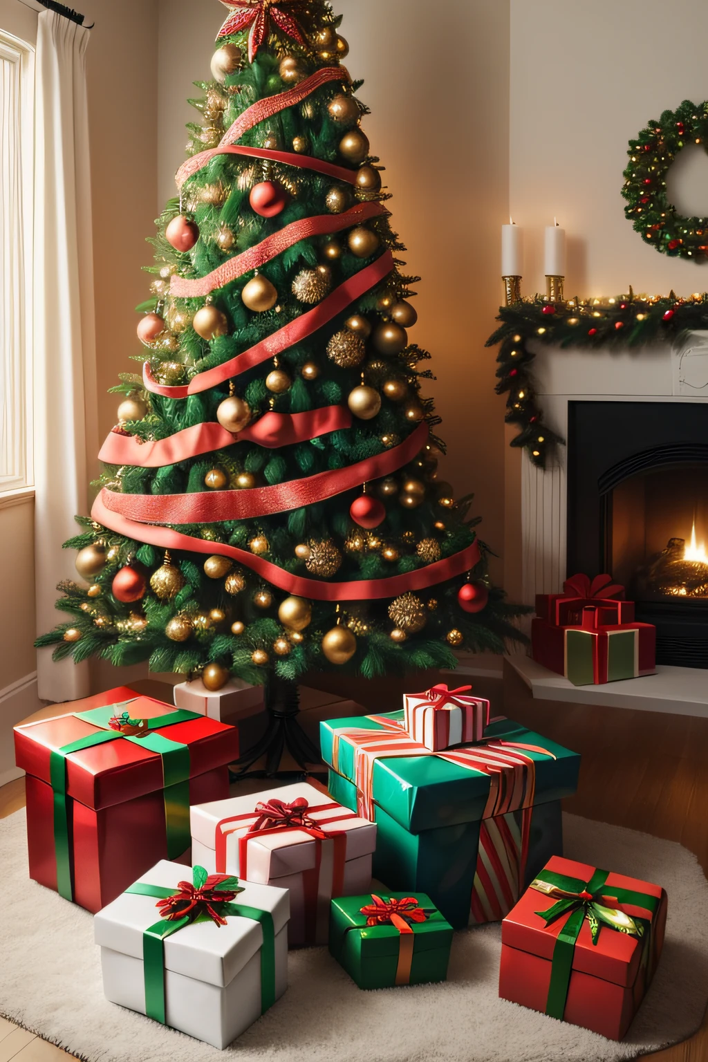 a Christmas tree with presents underneath it. The tree is decorated with lights and ornaments, and it is sitting in a living room. The presents are all different shapes and sizes, and they are all wrapped in festive paper.