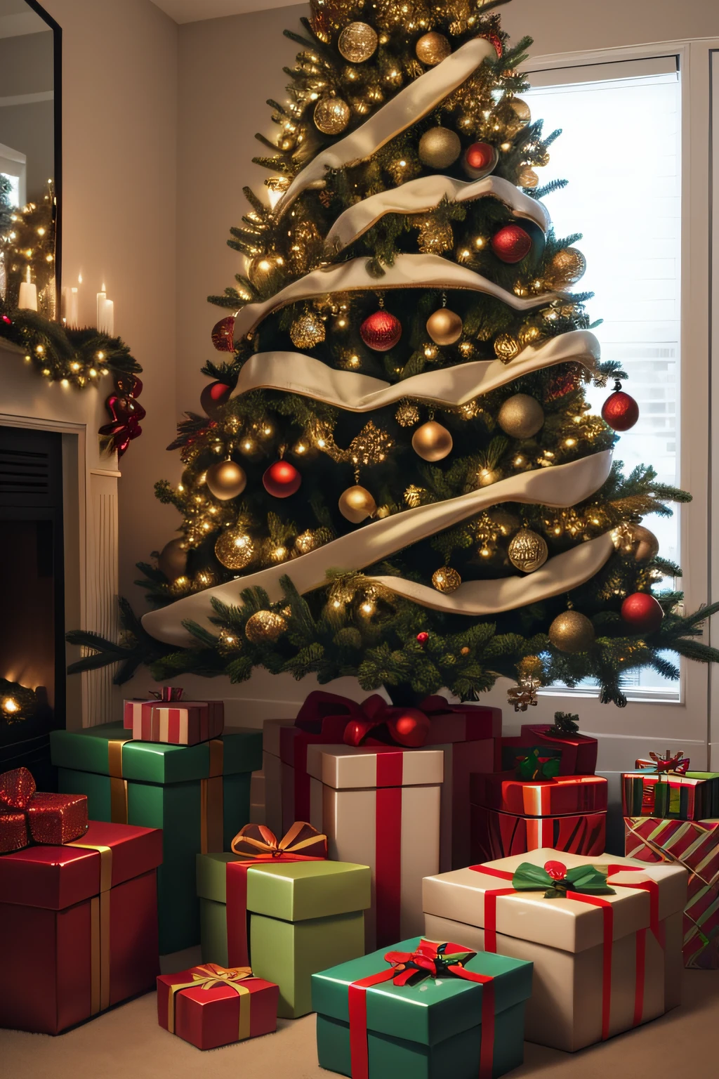 a Christmas tree with presents underneath it. The tree is decorated with lights and ornaments, and it is sitting in a living room. The presents are all different shapes and sizes, and they are all wrapped in festive paper.