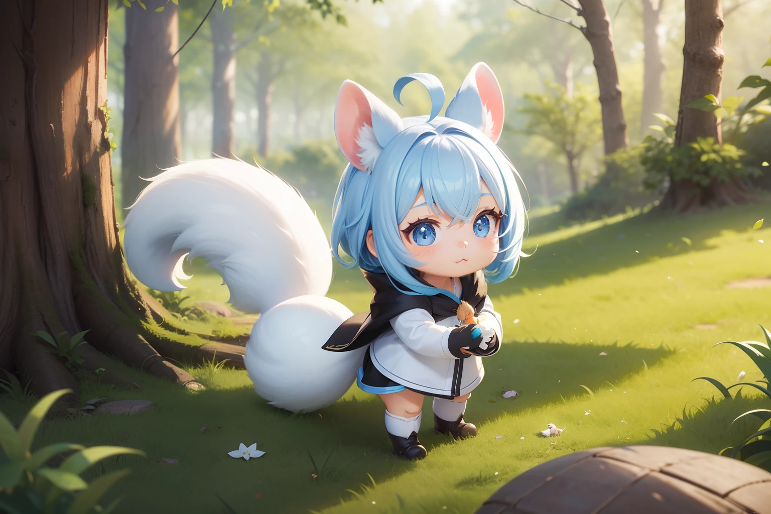 There is a small bear with an acorn in his hand, There are also white squirrels。There are also fawns。Chibichara A cute girl with blue hair is also with me。It is a cute white and blue costume。Dark eyes。cute forest creature, Adorable Digital Painting, cute detailed digital art, the squirrel king, Cute digital art, cute cartoon characters, cute character, CuteCreatures, Cutie, official illustrations, Official art, squirrel, maplestory mouse, astri lohne, cute 3d render