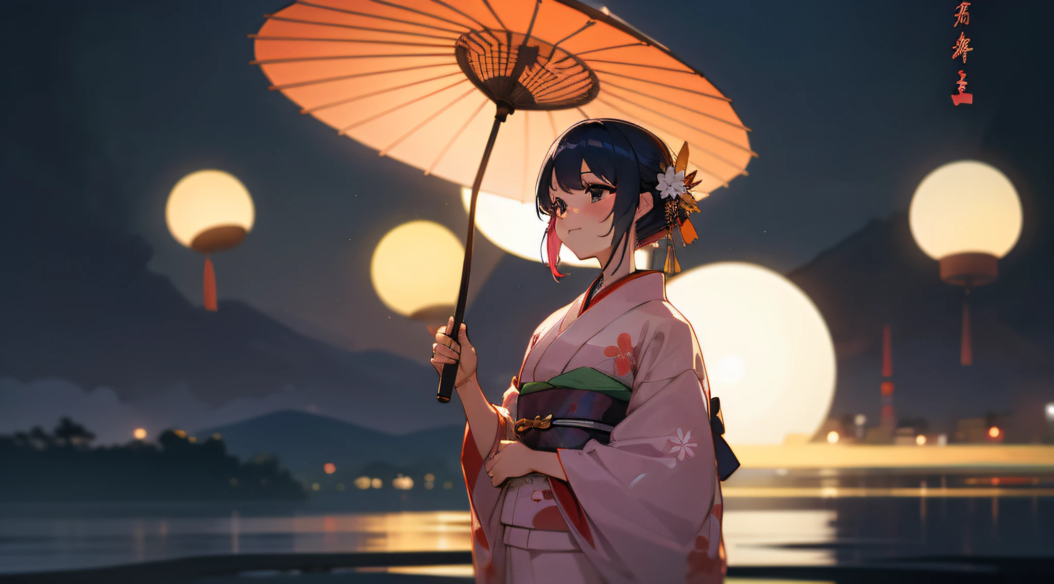 (a masterpiece of、top-quality:1.2)、ultra-detailliert、lighting like a movie、(((Beautiful woman looking up at fireworks)))、A smile、woman wearing the kimono, bath robe, classy yukata clothing, Wearing a colorful yukata, in a kimono, Wearing a kimono, japanese kimono, in a kimono, Komono, wearing a haori, Yukata with morning glory pattern, A Japanese style, Wearing kimono,