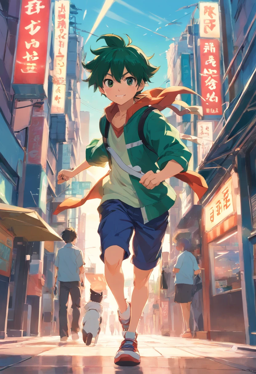 Combina Deku y tanjiro en un solo personaje poderoso caminando mirando a camara poco musculosos y con espadas en la cintura