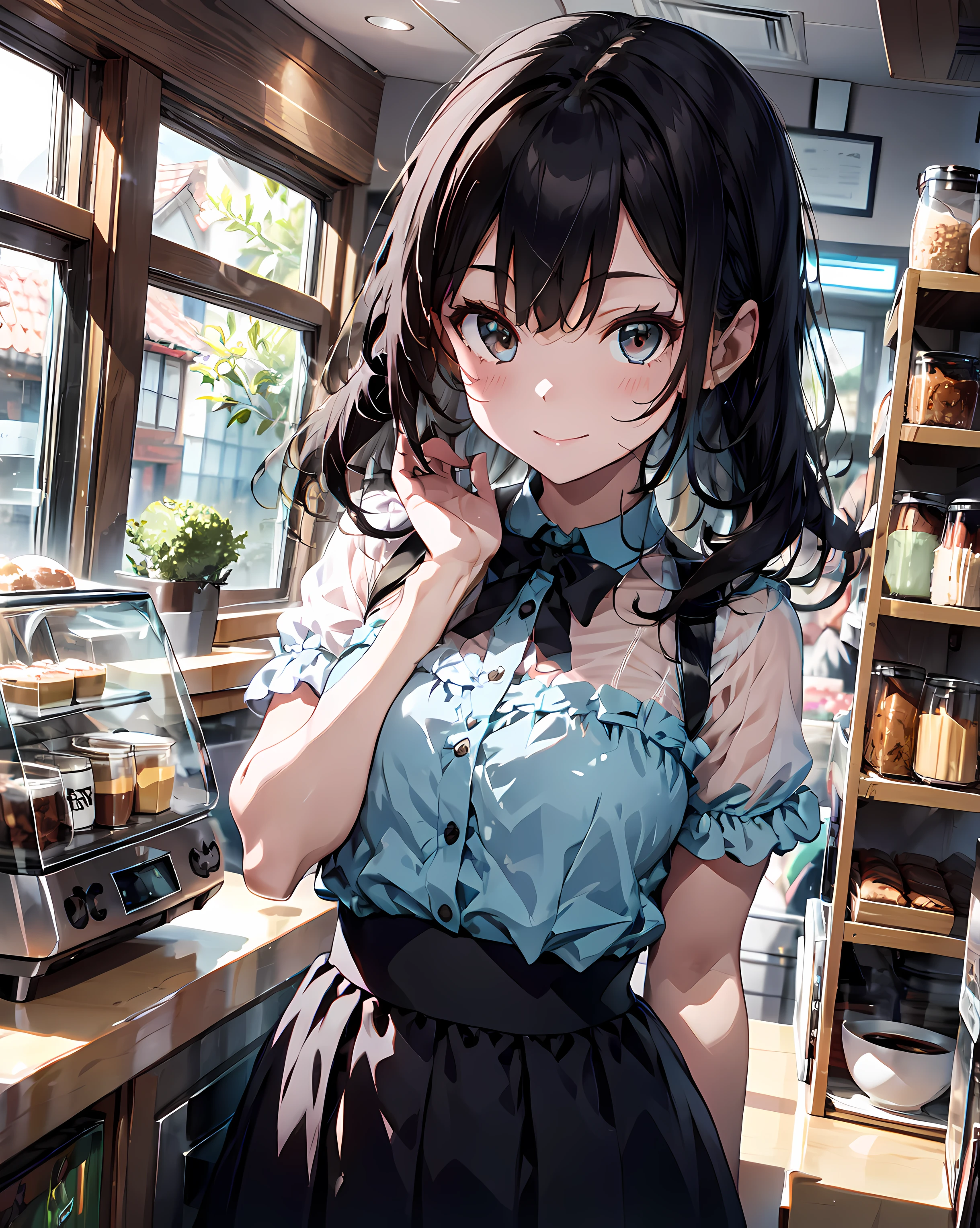 Alto, Ultra Detalhado, (1girl:1.3), (dynamic pose):1.0 INTERVALO, imagem de cowboy, top angle, ((1 extremely cute and cute coffee girl standing at the coffee counter)), caixa, wearing a gothic lolita maid's outfit, camisa de gola e uma saia longa de pregas verdes na altura do joelho, avental preto, Ela tem o cabelo loiro de duas caudas, fitas de cabelo vermelho, peito gigantesco, Fino, Abs, chibi-personagem, 6 tamanho natural, roupas detalhadas, corpo detalhado, Detailed arms, human hands, detailed hands, corar, envergonhado, sorriso leve, Feliz, ,sorriso leve, boca fechada, batom rosa, surpreso, olhando o espectador, de frente para o espectador, Pose de modelo bonita, extremamente inclinado para a frente contra o espectador, hands on the stomach, studio soft light, Cinematic light, Antecedentes detalhados, symmetric, hiper-realista, altamente detalhado, intrincado, Muito suave, foco nítido, Redshift rendering, 8k, Realistic, ultra-realistic, master part,