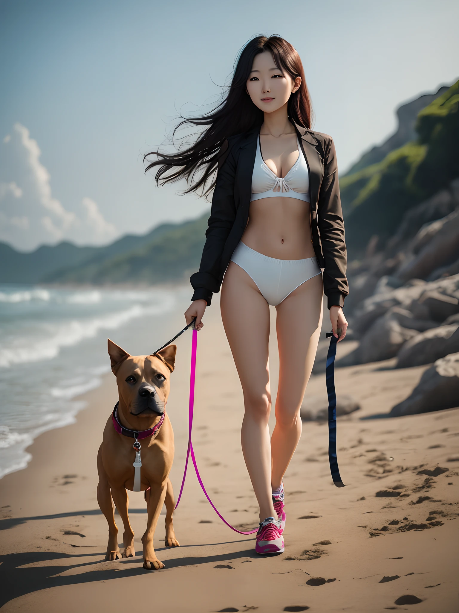 Korean woman without clothes on beach, walking with an American pitbull terrier on a leash clothing - --auto --s2