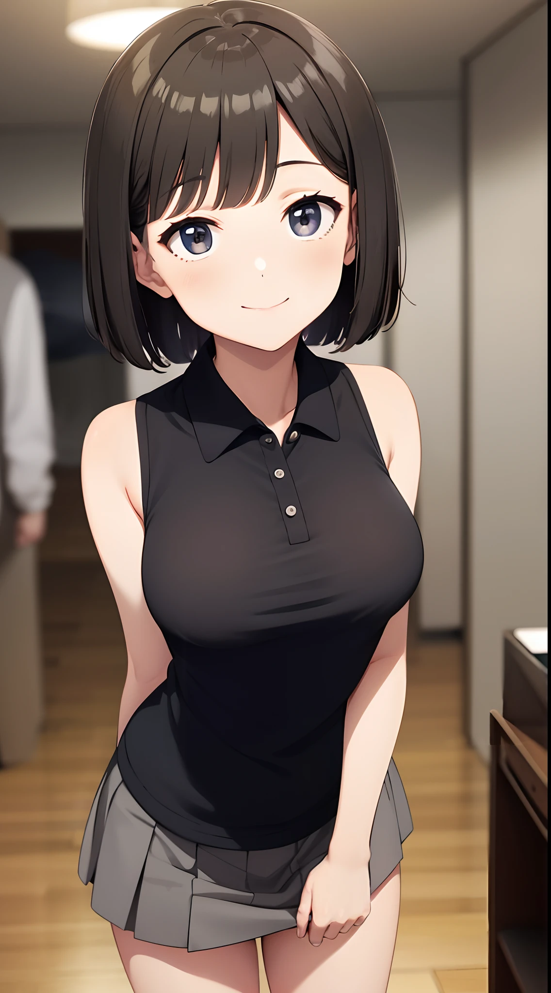 best quality, detailed face, 1girl, middle breast, smile, casual short shirt, mini skirt, good anatomy, looking at viewer, soft focus, cinematic lighting, depth of field, happy expression, black sleeveless shirt, gray skirt, short hair