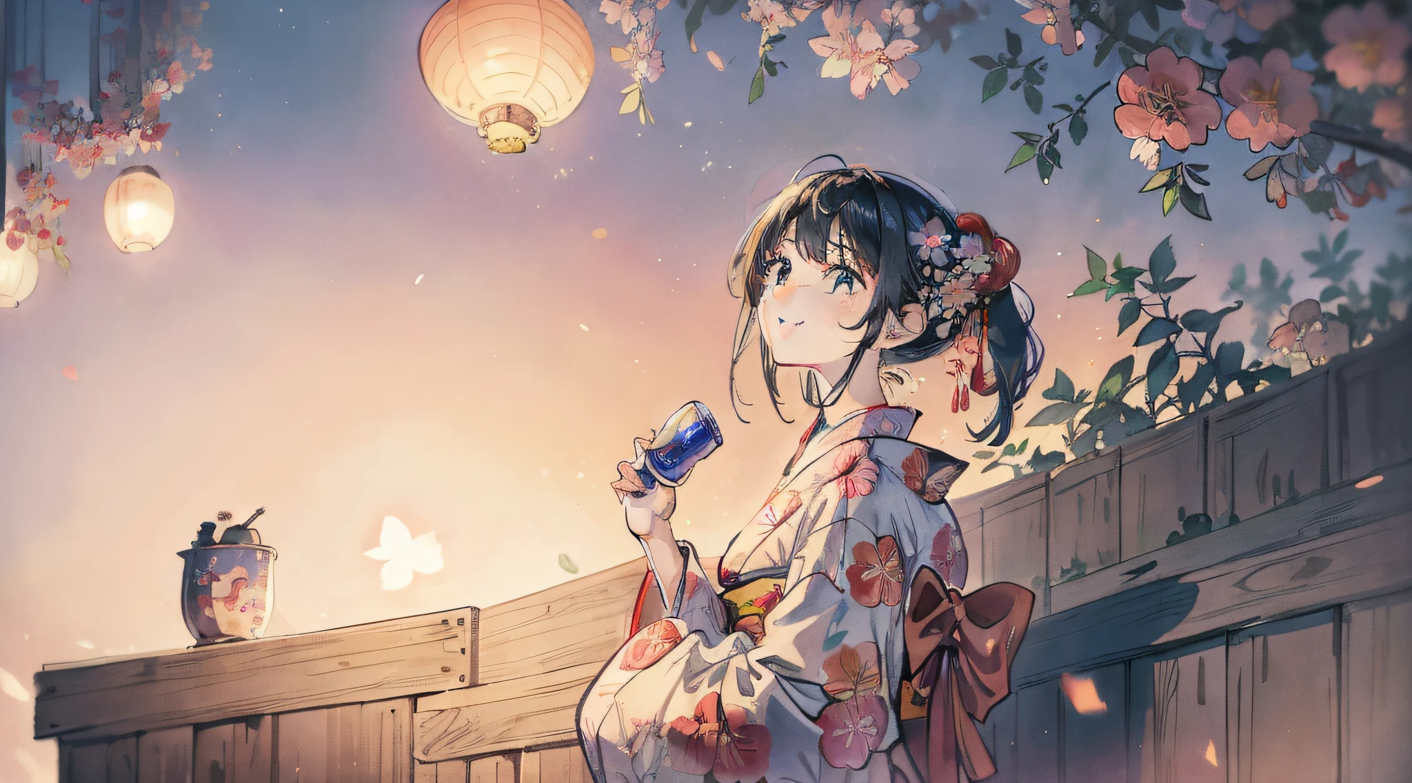 (a masterpiece of、top-quality:1.2)、ultra-detailliert、lighting like a movie、(((Beautiful woman looking up at fireworks)))、A smile、woman wearing the kimono, bath robe, classy yukata clothing, Wearing a colorful yukata, in a kimono, Wearing a kimono, japanese kimono, in a kimono, Komono, wearing a haori, Yukata with morning glory pattern, A Japanese style, Wearing kimono,