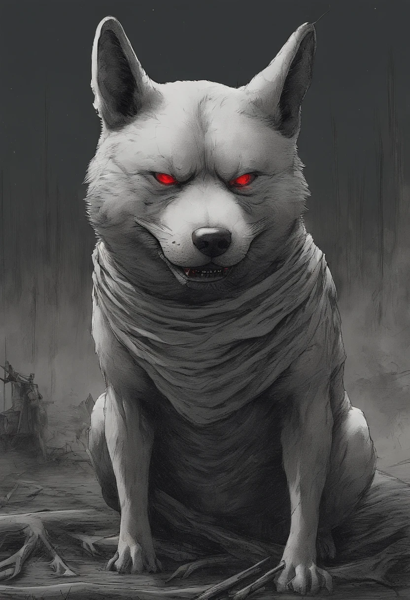 Shibainu dog, evil Laughing, red eyes, Fire everywhere