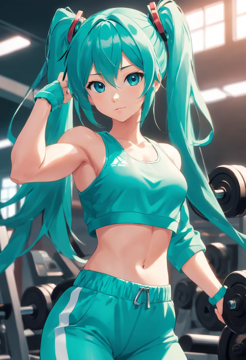 Hatsune Miku, wearing a sportswear, trains intensively in a bodybuilding gym, buff, looking a viewer, weights, musculature , workout, Thigh muscles, muscle arm, big_boob+++