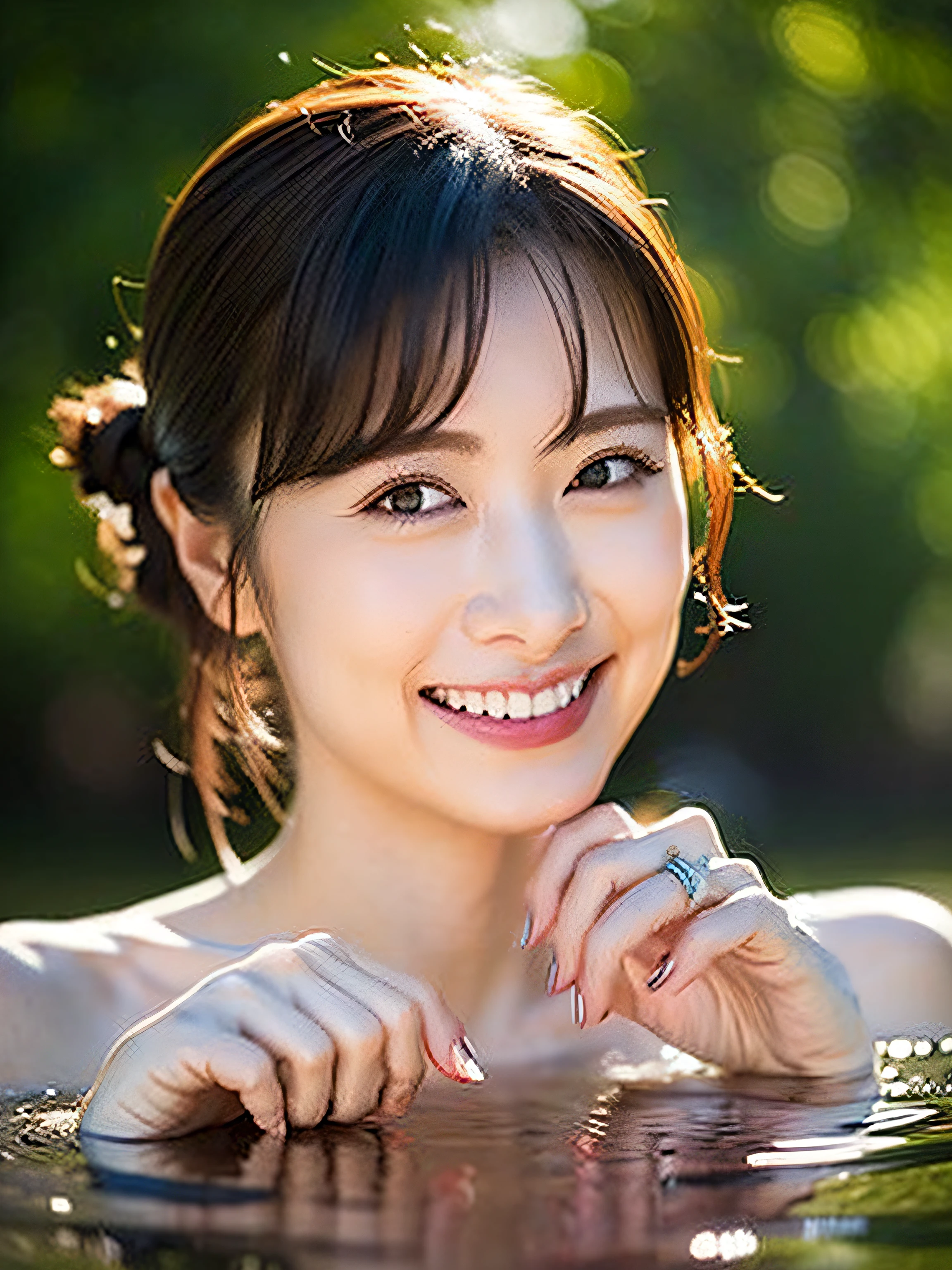 (8k、Highest quality、masterpiece:1.2)、(Realistic、Photorealistic:1.37)、Ultra-detailed、1 person、cute、solo、ponytail、(Nose redness)、(Laughter:1.15)、(Huge boobs)、Beautiful Eyes、(length:1.2)、Floating Hair 、Upper body naked、Hunchback、Wet body、topless、Sideboob、bangs、wet body、Place both hands on the ground