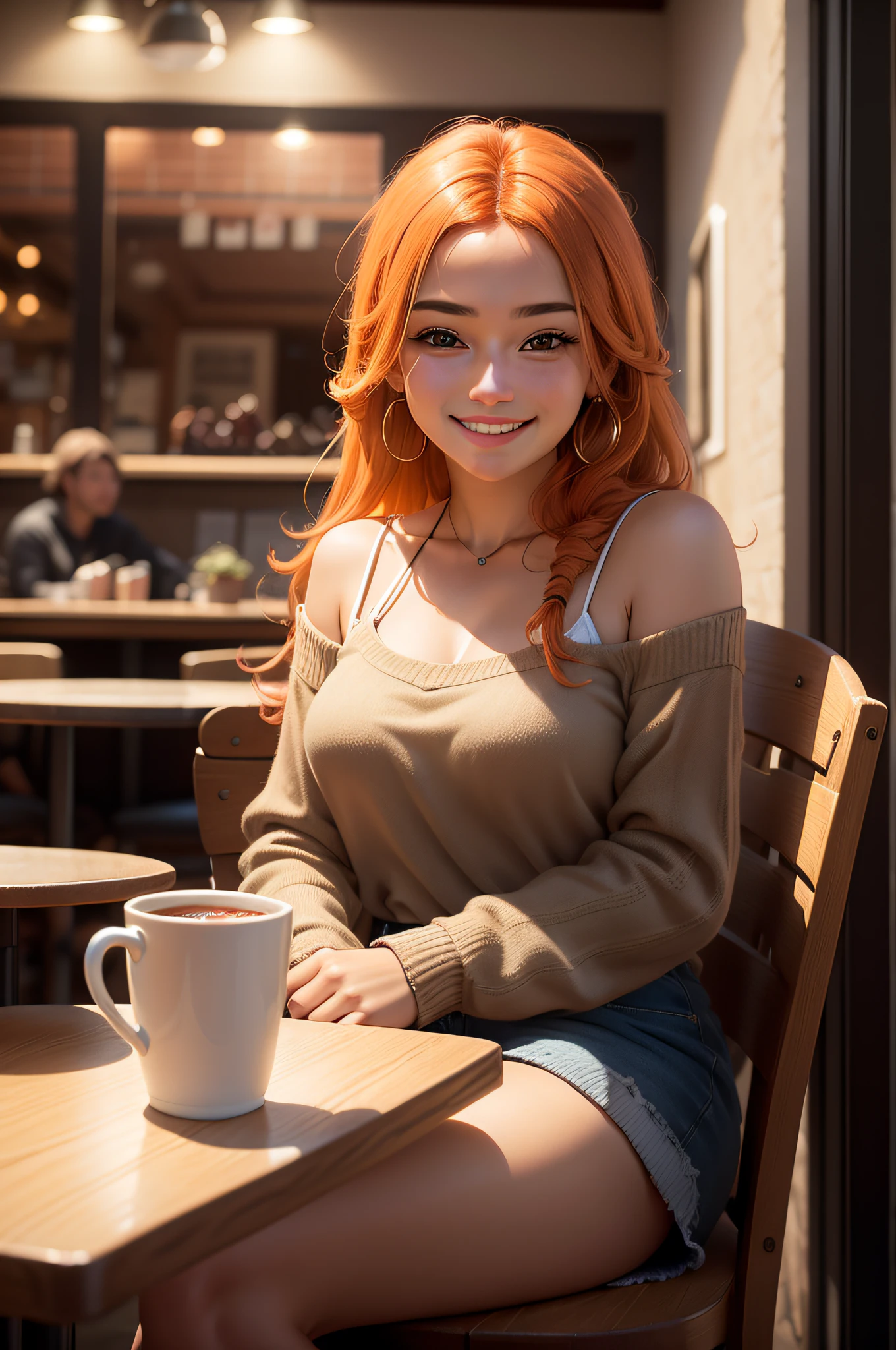 Generate an ultra-realistic image of Sophia Garcia, a 20-year-old Turkish woman with orange hair and brown eyes, seated at a cozy coffee shop table. She is wearing a brown sweater, with cleavage, her bra strings are visible, medium sized breasts. Big laugh. The image is shot from the other end of the table, capturing Sophia in a candid moment. She is looking directly at the camera with a warm and genuine smile, holding a coffee cup in her hand, and laughing generously. The coffee shop ambiance should be realistically depicted, creating a comfortable and inviting atmosphere. Emphasize the ultra-realistic quality of the image, aiming for a photograph-like level of detail.