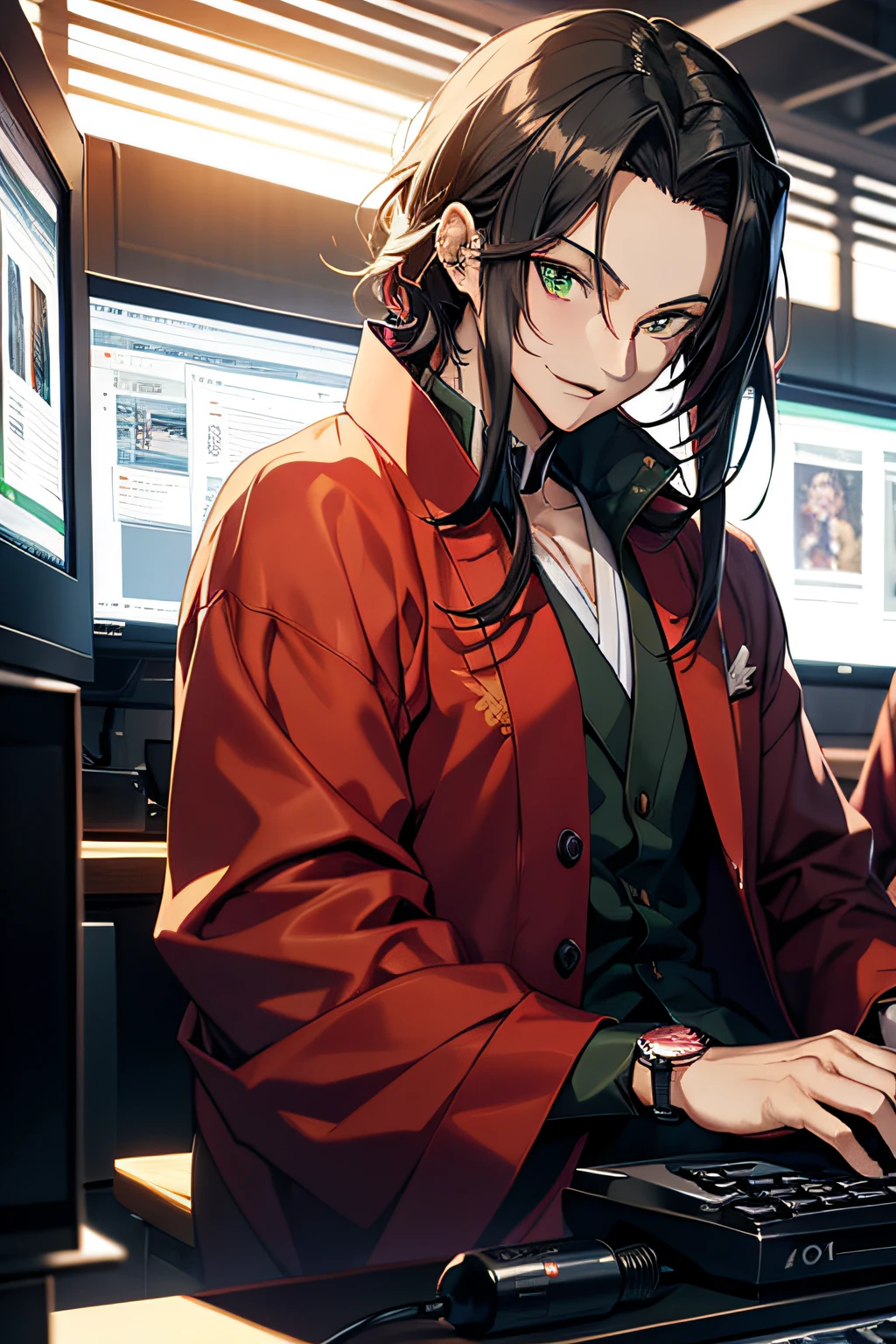 Smooth Anime CG Art, Detailed Digital Anime Art, 4k, Anime man in wine red kimono sitting at desk using keyboard, This is facing the whole body., Anime man with emerald green eyes, Anime man with medium black hair and a forehead with his hair pulled back, Wearing a watch and ring, Smiling, There is a computer monitor in the background,