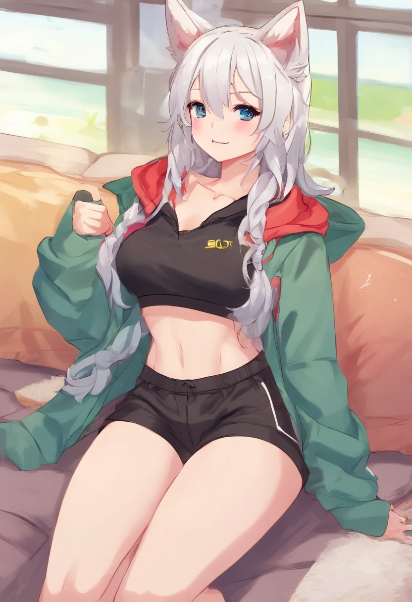 Single boy, Anime Femboy, Short, Long white hair, wolf ears, wolf tail, blue eyes, wearing jean short shorts, thigh high socks, black combat boots, wearing cropped black hoodie, flat chest, super flat chest, solo femboy, only one femboy ((FLAT CHEST)), wide hips, thicc thighs, happy, nice butt, lobo written on hoodie, laying on back with legs spread and up in the air, crotch bulge (CROTCH BULGE), suggestive pose