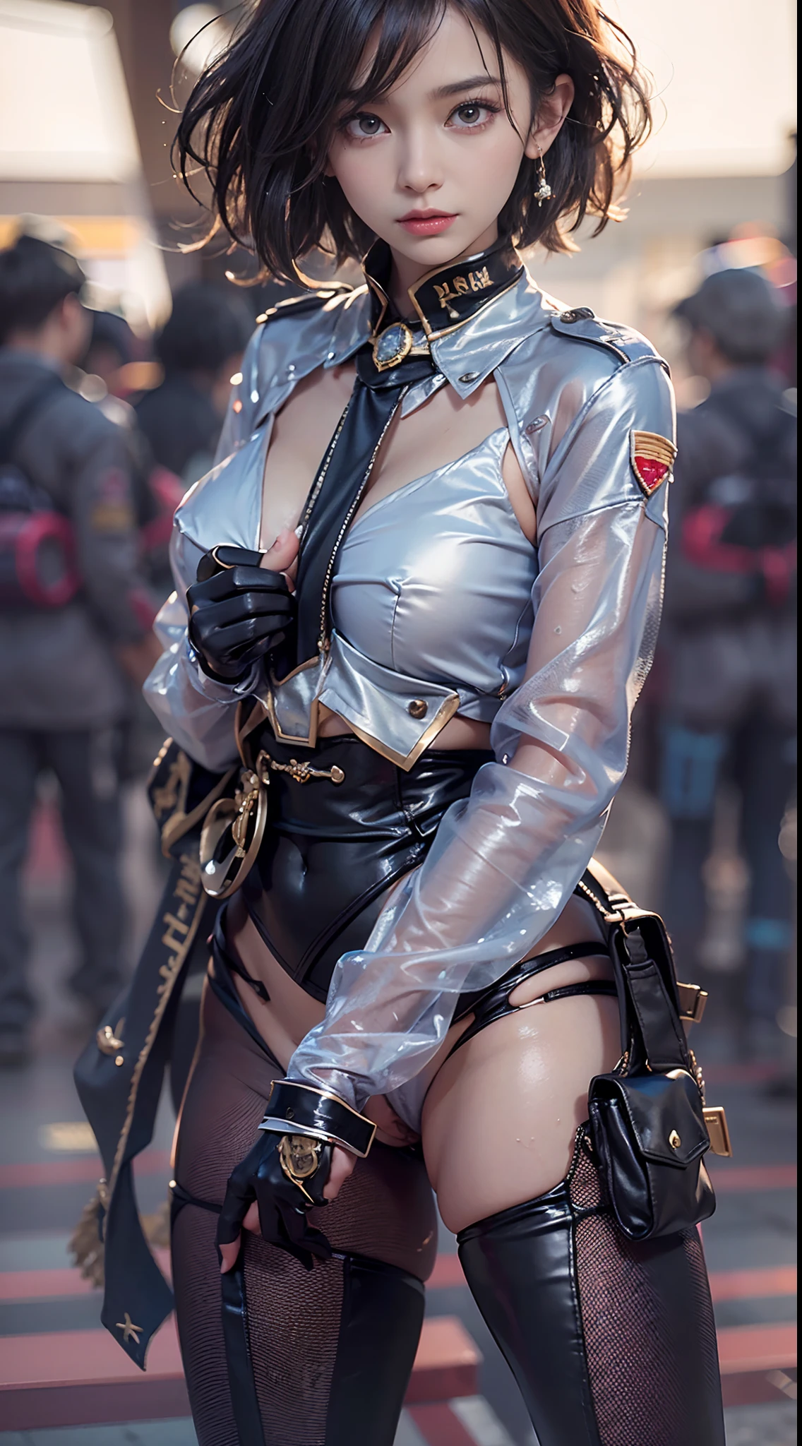 (NSFW), 1womanl, Solo, 24 year old, 7headed body, (cute face), (Ideal ratio body proportions), Near future, Fighters, military outfits, Wet, Clothes are see-through, long , de pele branca, small tits, A slender, Dark hair, short-hair, beauty legs, Small buttocks, Skinny Legs, surrealism, Cinematic lighting, depth of fields, One-person viewpoint, F/1.8, 135 mm, nffsw, masutepiece, ccurate, Anatomically correct, Textured skin, Super Detail, high details, High quality, awardwinning, Best Quality, hight resolution, 8K