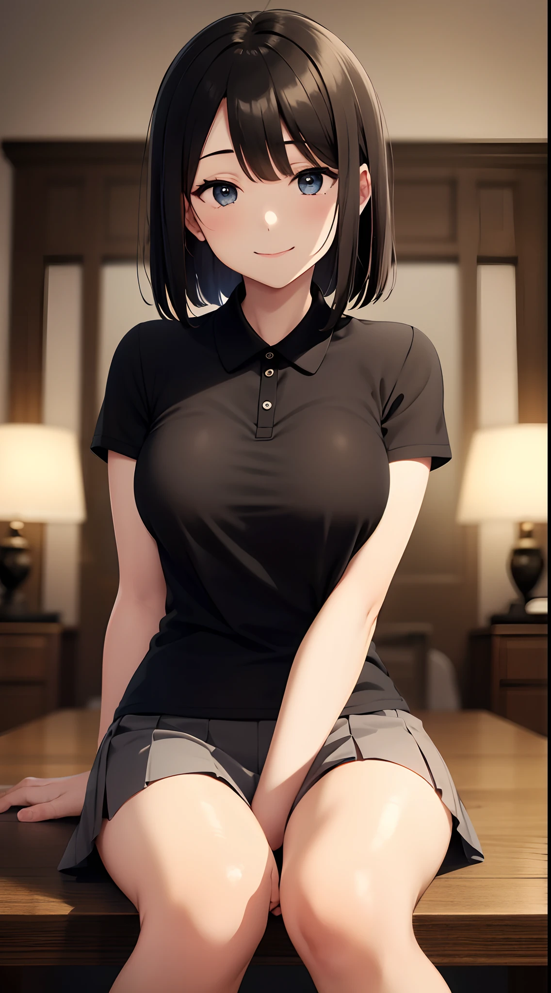 best quality, detailed face, 1girl, middle breast, smile, black polo shirt, gray miniskirt, good anatomy, looking at viewer, soft focus, cinematic lighting, depth of field, happy expression, middle hair,  bare legs,