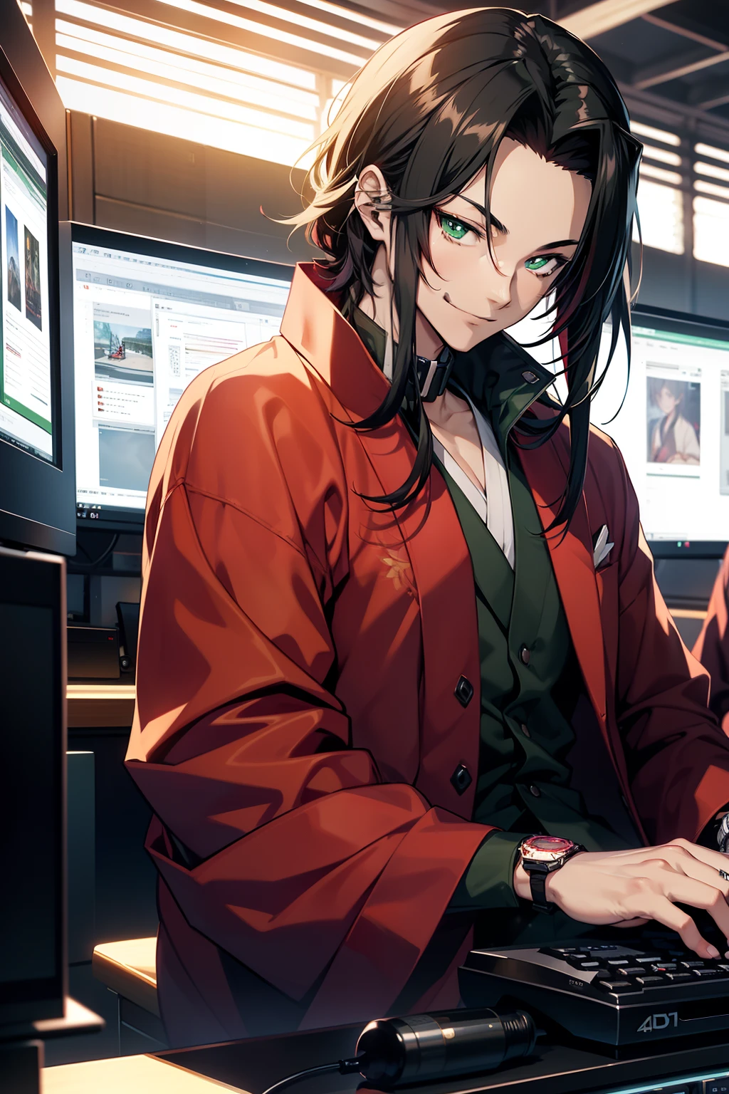 Smooth Anime CG Art, Detailed Digital Anime Art, 4k, Anime man in wine red kimono sitting at desk using keyboard, This is facing the whole body., Anime man with emerald green eyes, Anime man with medium black hair and a forehead with his hair pulled back, Wearing a watch and ring, Smiling, There is a computer monitor in the background,