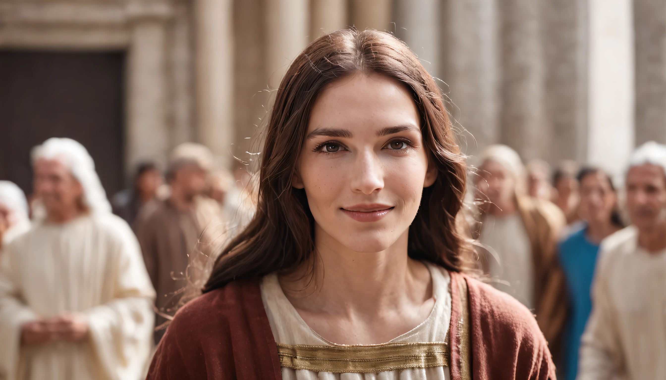 Jesus Christ smiling walking inside the temple in the midst of the crowd of people