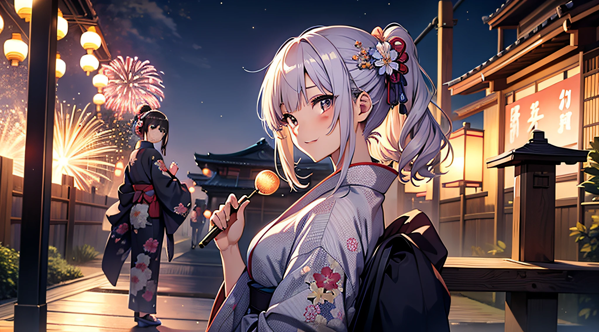 (a masterpiece of、top-quality:1.2)、ultra-detailliert、lighting like a movie、(((Beautiful woman looking up at fireworks)))、A smile、woman wearing the kimono, bath robe, classy yukata clothing, Wearing a colorful yukata, in a kimono, Wearing a kimono, japanese kimono, in a kimono, Komono, wearing a haori, Yukata with morning glory pattern, A Japanese style, Wearing kimono,