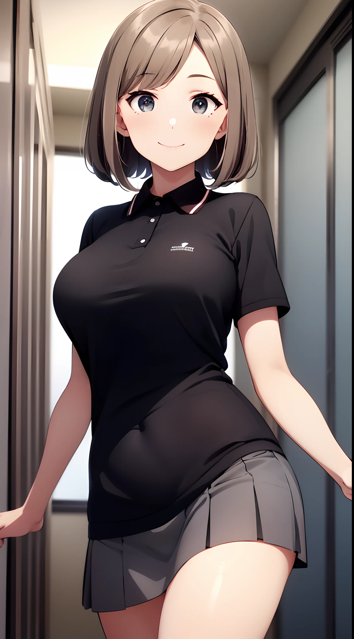 best quality, detailed face, 1girl, middle breast, smile, black polo shirt, gray miniskirt, good anatomy, looking at viewer, soft focus, cinematic lighting, depth of field, happy expression, middle hair,  bare legs,