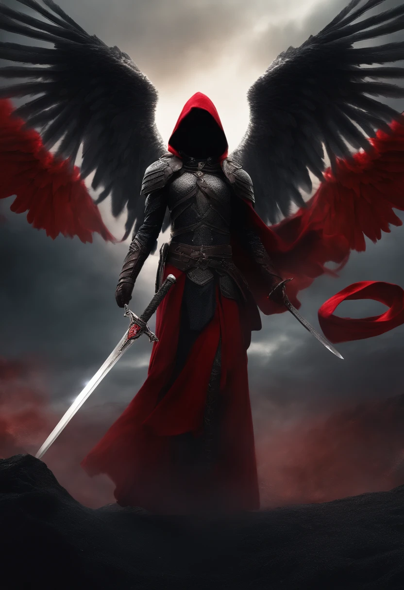 Realistic, 4K, Angels with big wings, Black clothes, red big pendant, one sword, Hood on head in war background image (chaos)