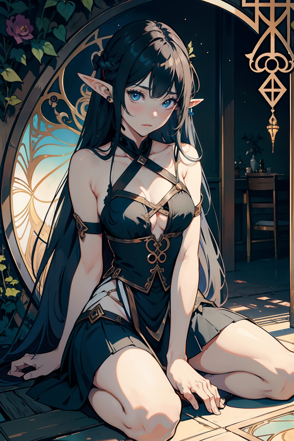 Bewitching Elf Woman、18year old、blacks、Bare legged、Long hair、bionde、holds a sword、Kneeling,open one's legs,Ivy Frame、Decorative panel、(abstract art)、(By Alphonse Mucha) (masterpiece、top-quality、hight resolution: 1.4)、detaileds、intricate-detail、4K picture quality、color splashes、line-drawing、Fibonacci、long skirt